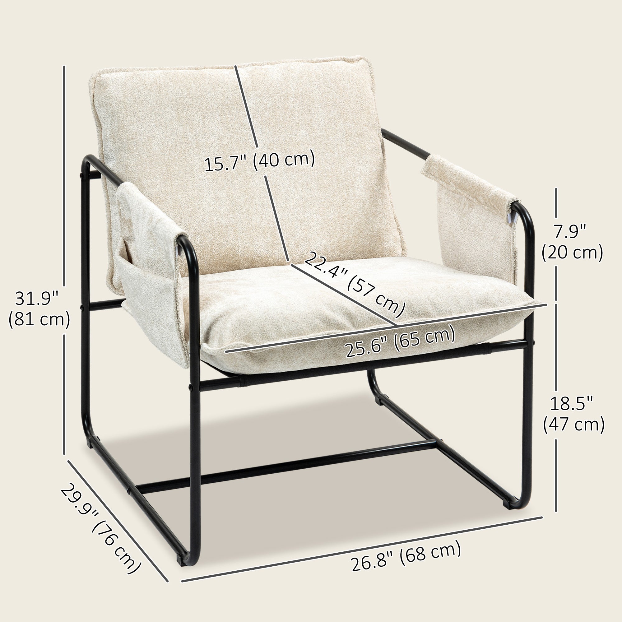 Modern Accent Chair, Upholstered Armchair with Side Pockets and Steel Frame, Comfy Reading Chair for Bedroom, Beige Accent Chairs at Gallery Canada