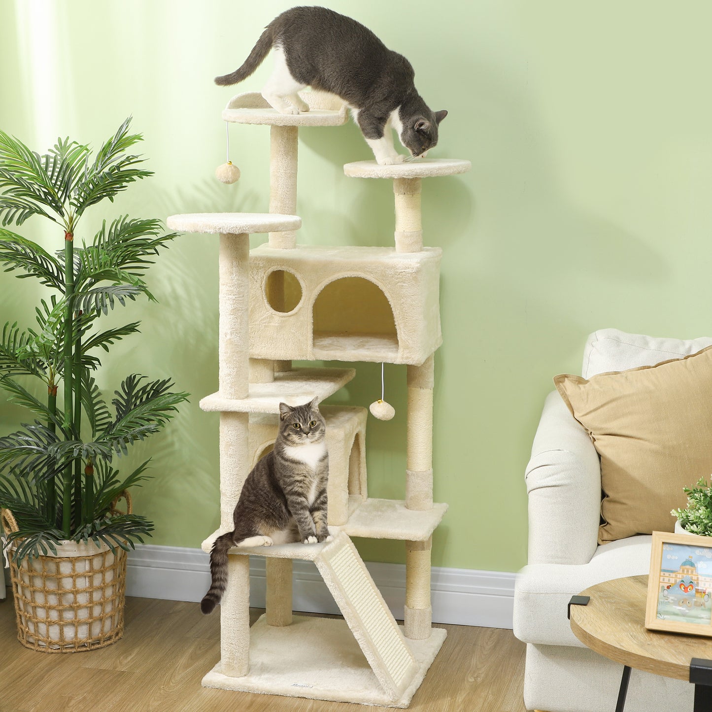 54" Cat Tree, Multi-Level Cat Tower with Scratching Posts, Cat Condos, Bed, Platforms, Ramp, Toy Ball, Beige Cat Towers Multi Colour  at Gallery Canada