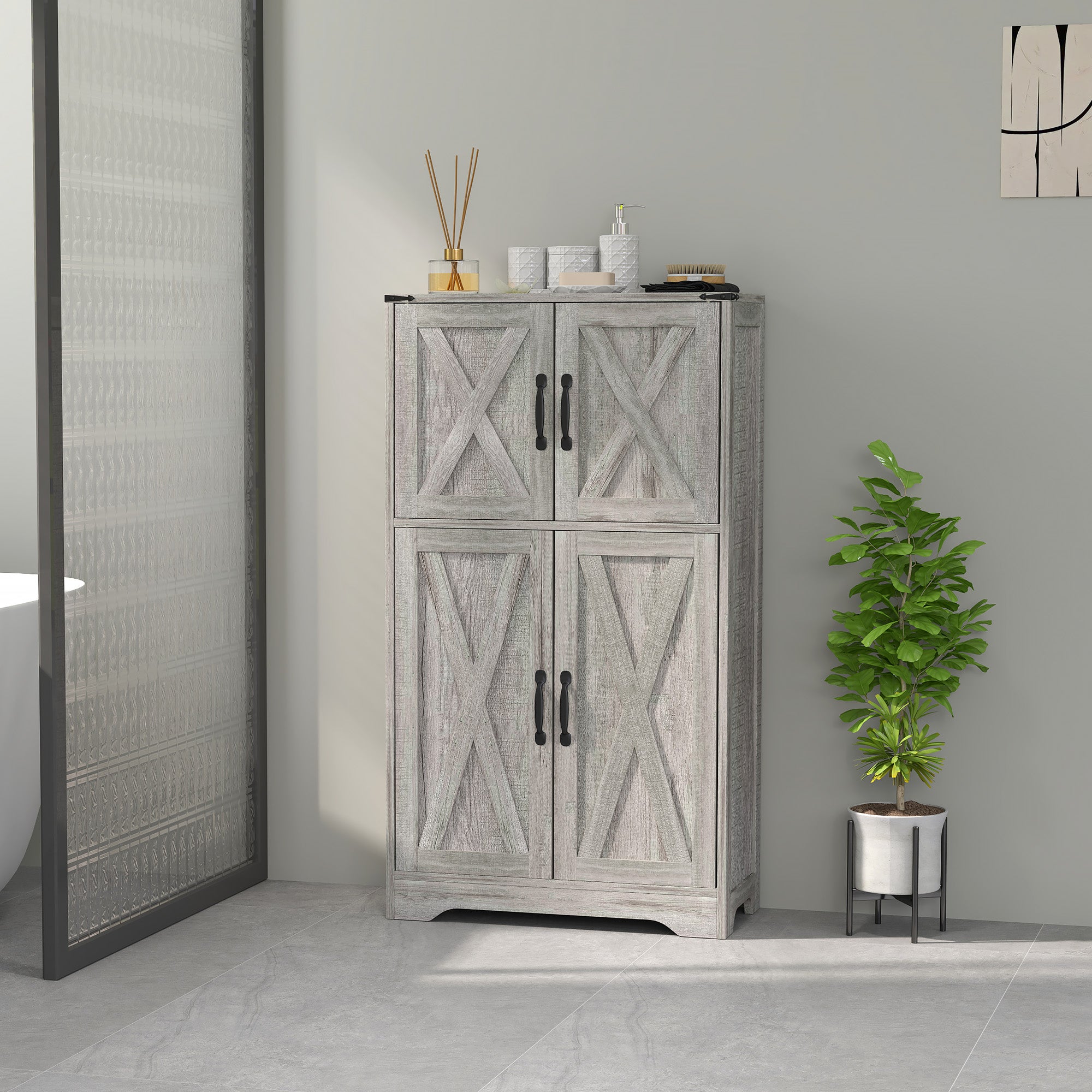 Farmhouse Kitchen Pantry, Freestanding Kitchen Pantry Storage Cabinet with Barn Doors and Adjustable Shelves, Grey Kitchen Pantry Cabinets at Gallery Canada