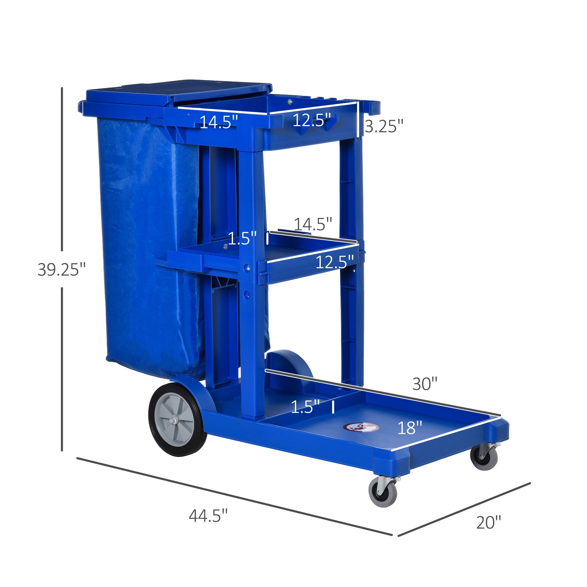 Commercial Janitorial Cart with 3 Tier Shelves Professional Cleaning Trolley with Rubbish Bag and Mop Mount for Hotel, Restaurant, Office, Blue Household Supplies Blue  at Gallery Canada