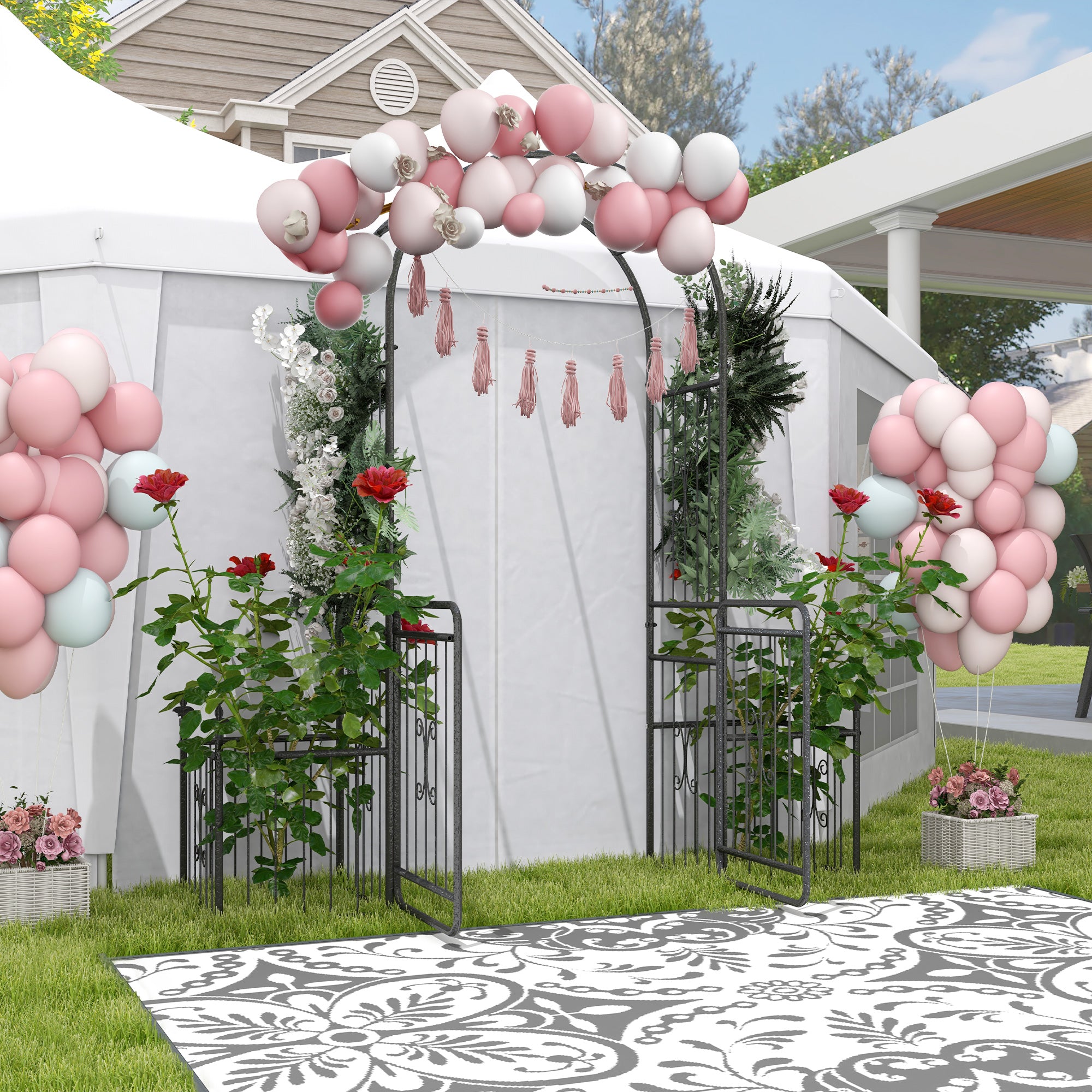 7.2FT Metal Garden Arbor Arch with Double Doors, 2 Side Planter Baskets, Climbing Vine Frame, Black Garden Arches at Gallery Canada