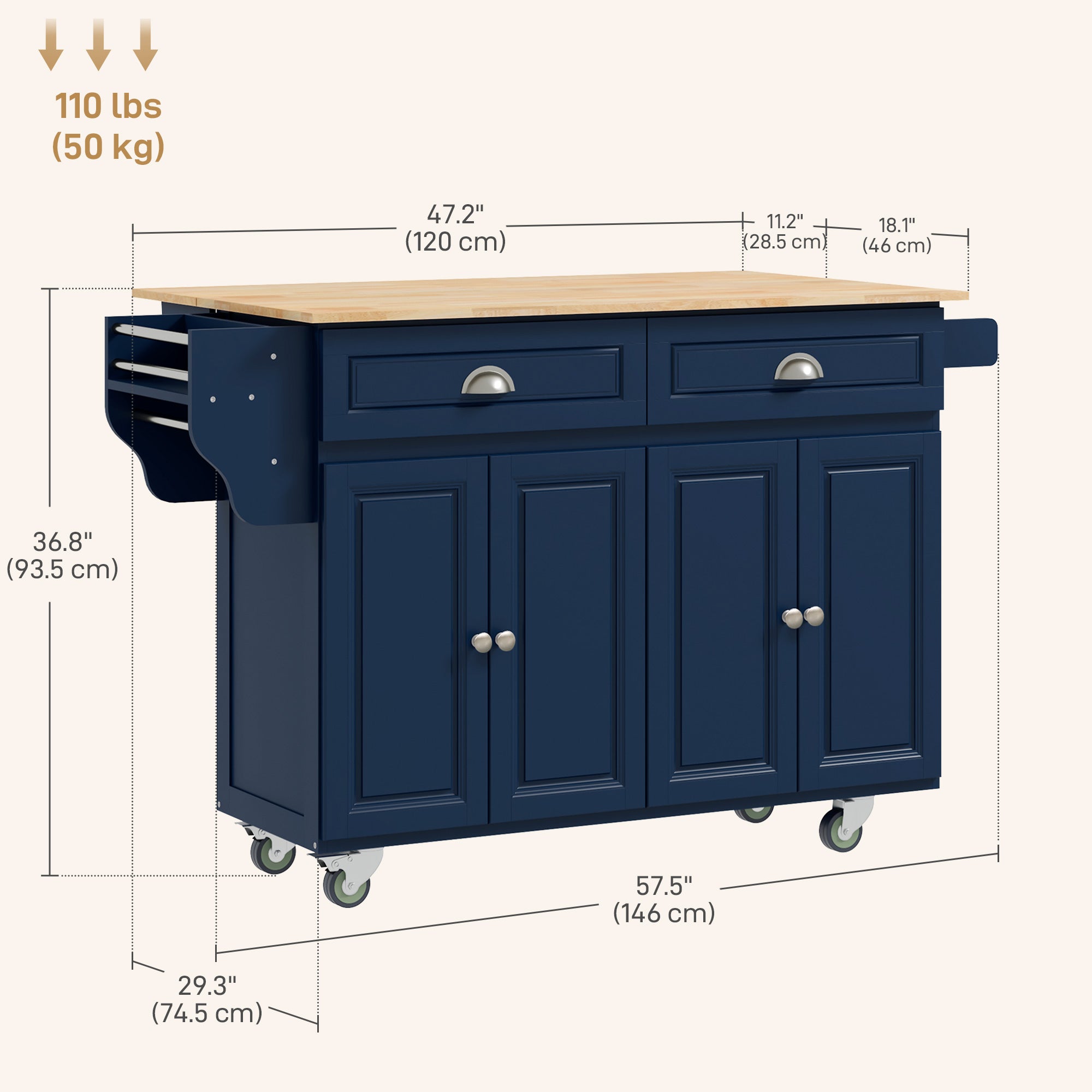 Kitchen Island with Storage, Rolling Kitchen Island with Drop Leaf, Rubber Wood Top and Adjustable Shelves, Navy Blue Kitchen Islands & Kitchen Carts at Gallery Canada