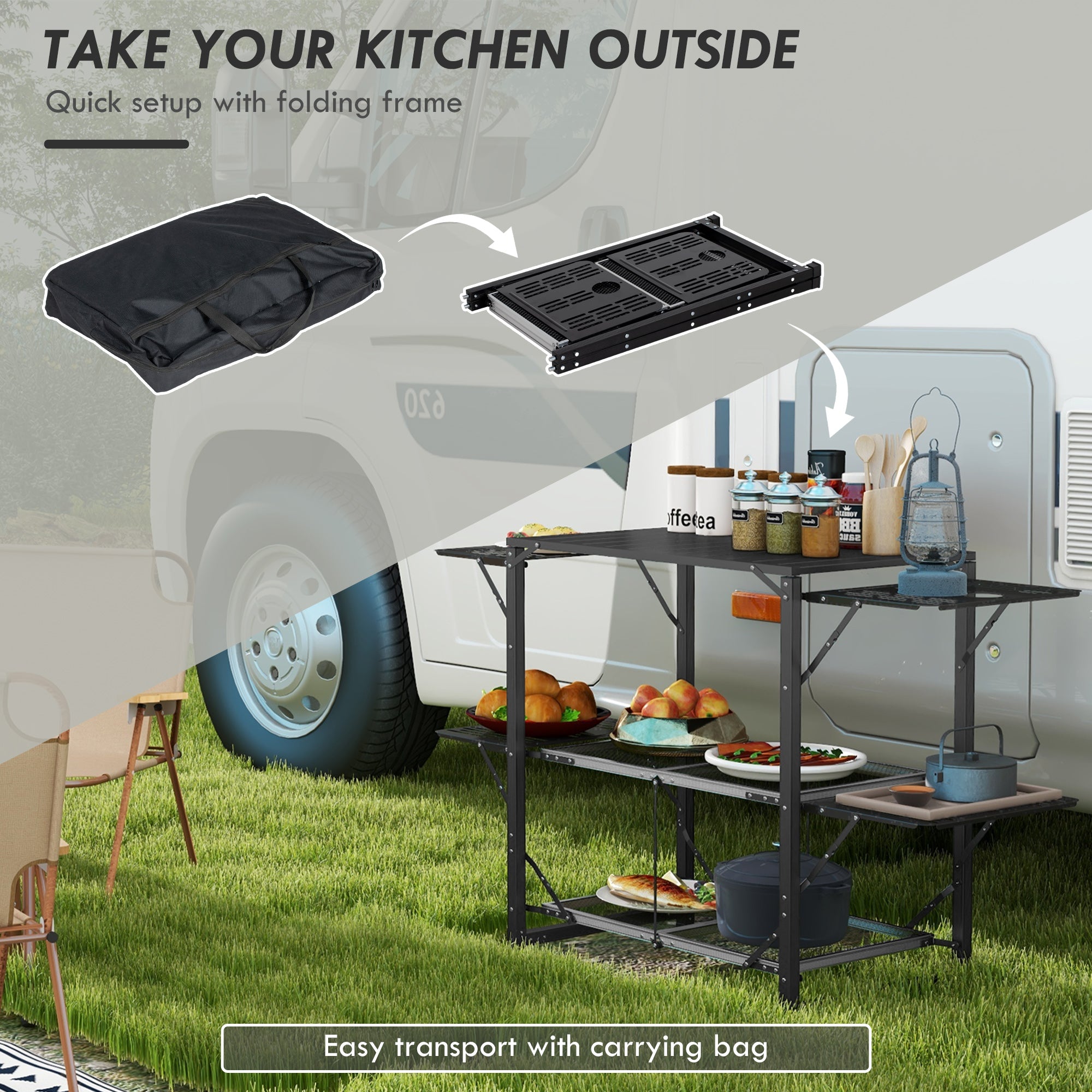 Aluminum Camping Kitchen, Folding Cook Station with Carrying Bag, 4 Side Tables, 2 Shelves for BBQ, RV, Picnic, Black Picnic Tables & Camping Chairs   at Gallery Canada