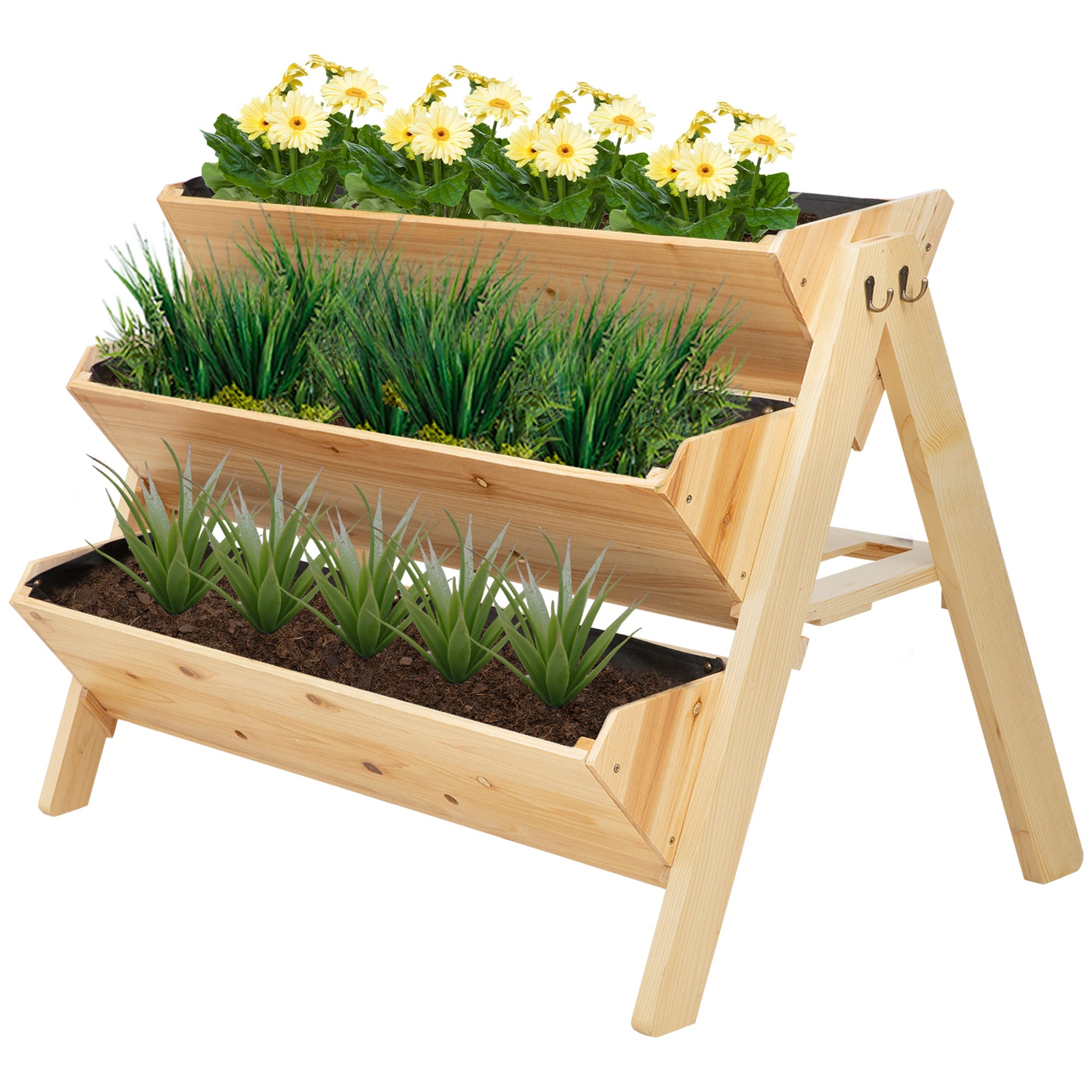 47'' 3-Tiers Raised Garden Bed Raised Planter Boxes Wooden Plant Stand with Side Hooks &; Storage Clapboard, Great for Flowers Herbs Vegetables Elevated Garden Beds Natural  at Gallery Canada