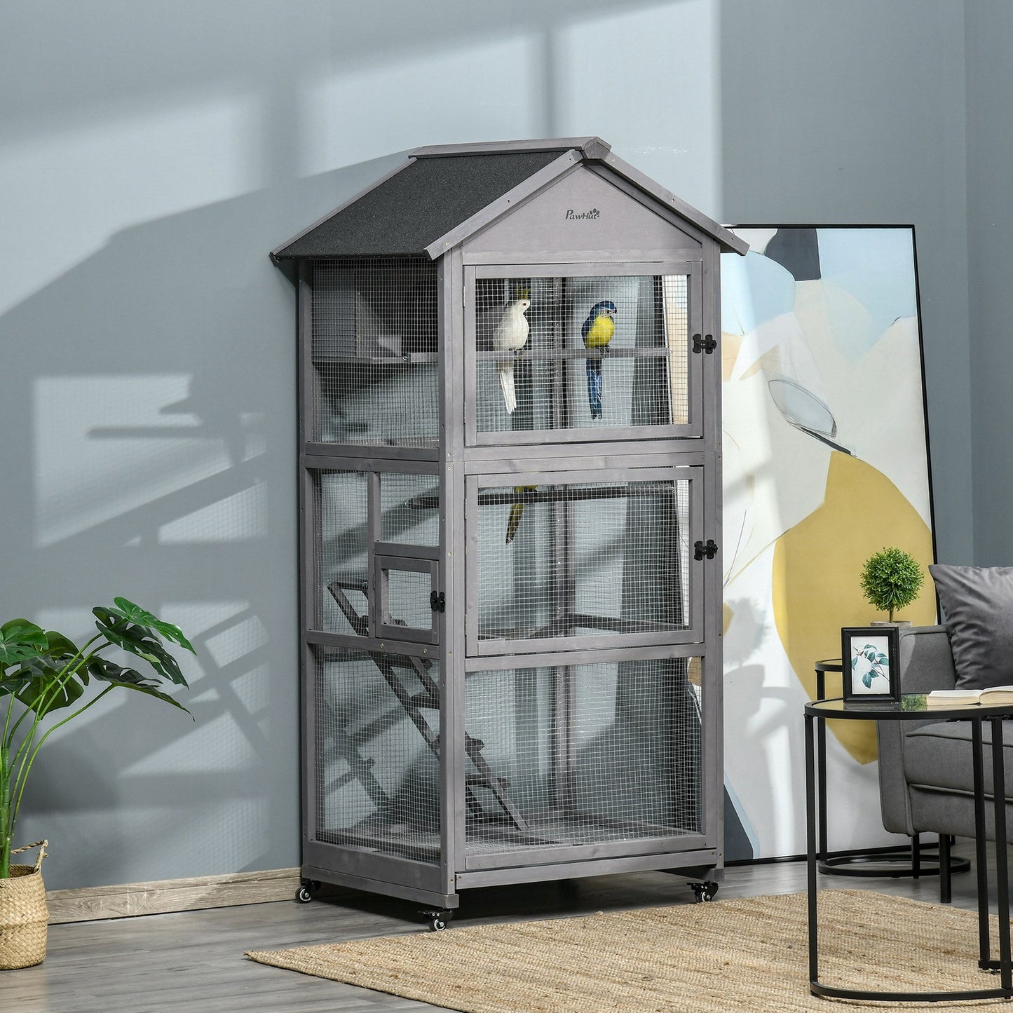 71" Bird Cage Large Mobile Wooden Aviary for Canary Cockatiel with Wheel Perch Nest Ladder Slide-out Tray for Indoor Outdoor Dark Grey Bird Cages   at Gallery Canada