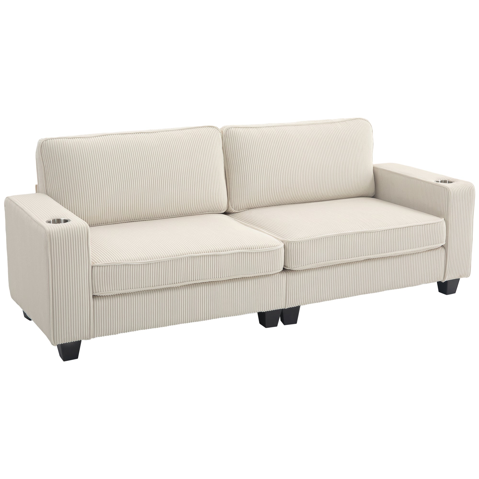 Three Seater Sofa, Fabric 3 Seater Couch with Spring Cushion and Cup Holders for Living Room, Bedroom, Cream White 3-Seater Sofas at Gallery Canada