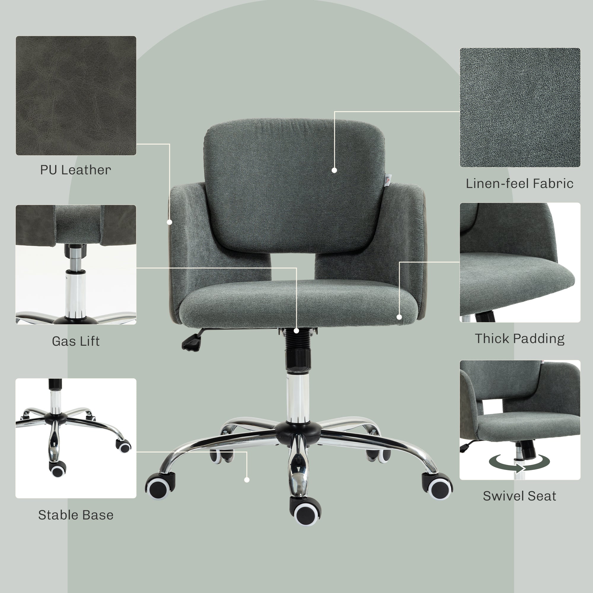 Small Desk Chair, Height Adjustable Fabric Office Chair with Swivel Wheels, Tilt Function, Computer Chair, Grey Task Chairs   at Gallery Canada