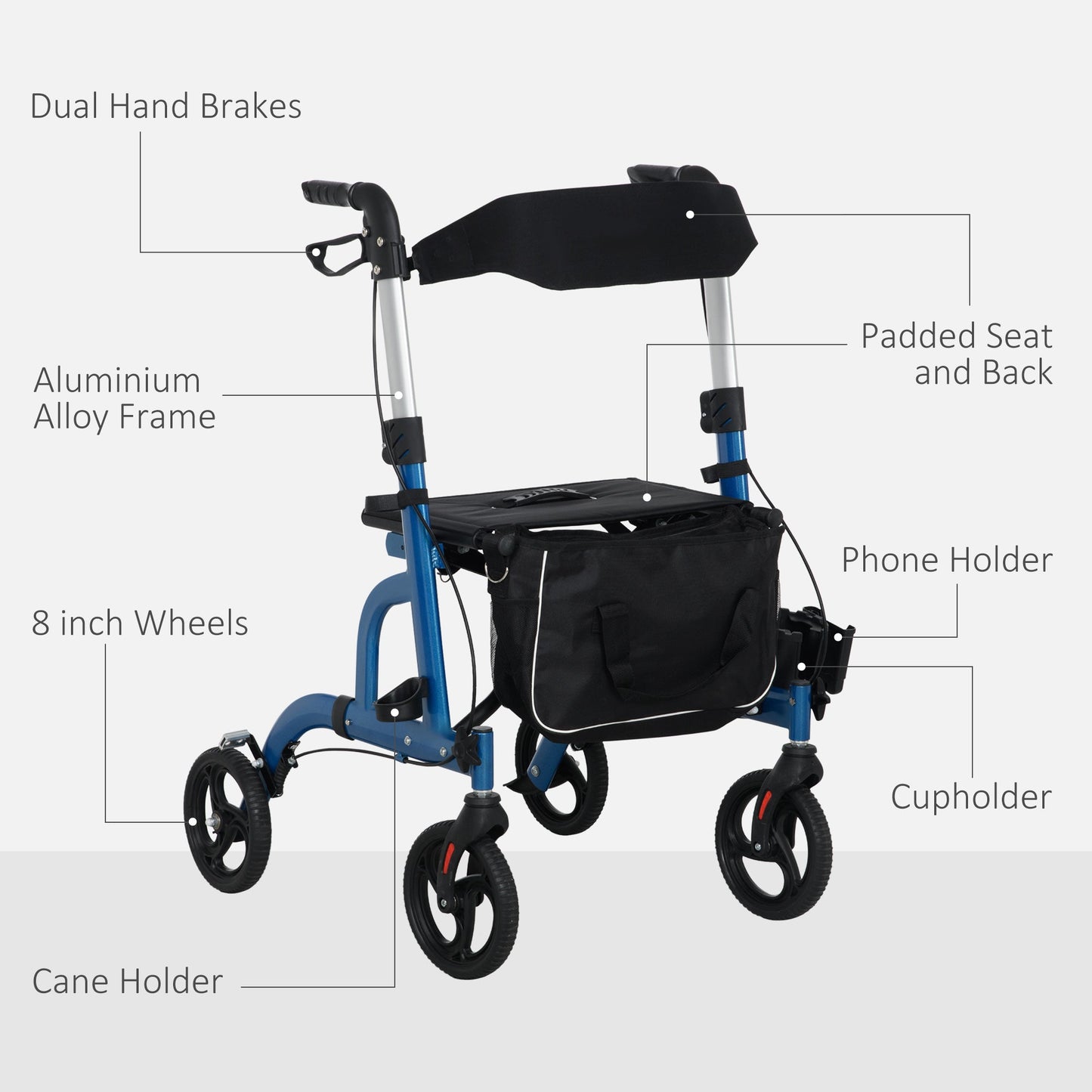 8'' Wheel Rollator Walker with Padded Seat, Backrest, Storage Bag, Blue Knee Walker & Wheelchair Ramps   at Gallery Canada