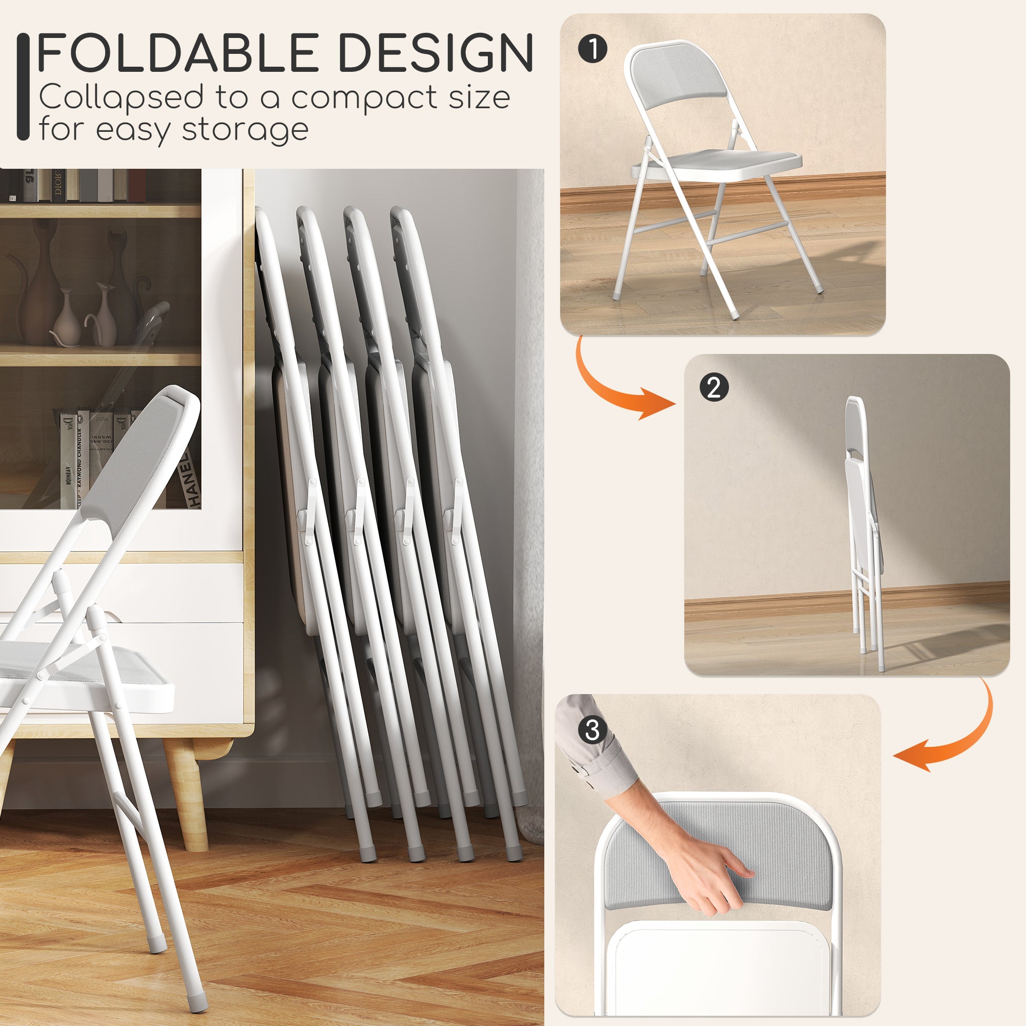 Set of 4 Metal Foldable Chairs, Corduroy Padded Folding Chairs with Cushion Seat and Open Back for Indoor, White Dining Chairs at Gallery Canada