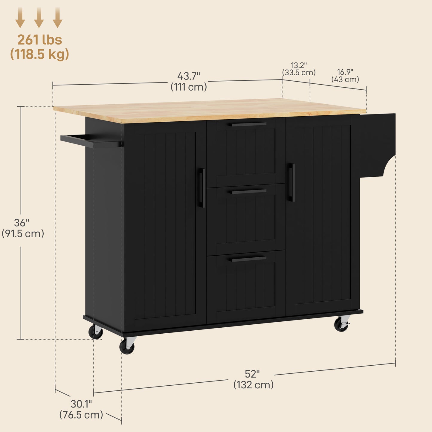 Rolling Kitchen Cart on Wheels with Drop Leaf, Kitchen Island with 3 Drawers, Solid Wood Top and Towel Rack, Black Kitchen Islands & Kitchen Carts   at Gallery Canada