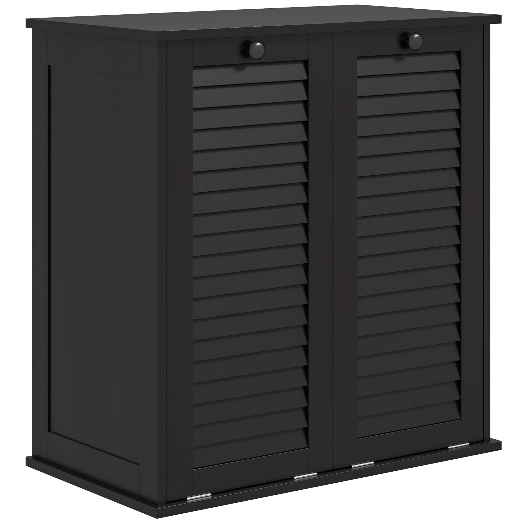 Tilt Out Laundry Cabinet, Laundry Basket Cabinet with 2 Baskets and 2 Louvered Doors, Black Bathroom Cabinets at Gallery Canada