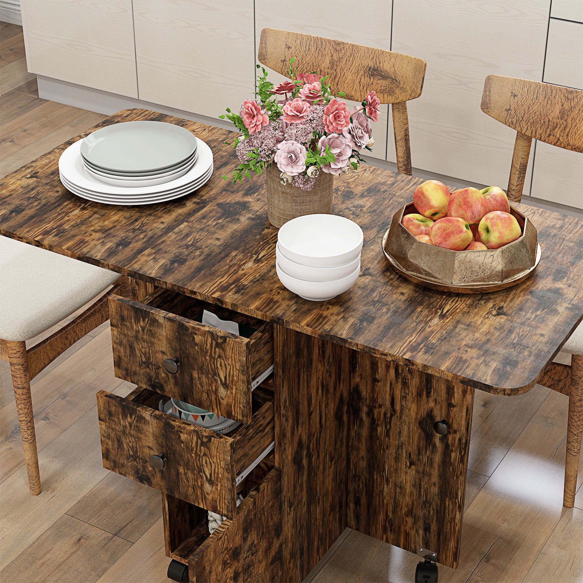 Drop Leaf Dining Table, Mobile Folding Table on Wheels with Drawers and Cabinet for Dining Room, Kitchen, Rustic Brown Bar Tables & Dining Tables   at Gallery Canada