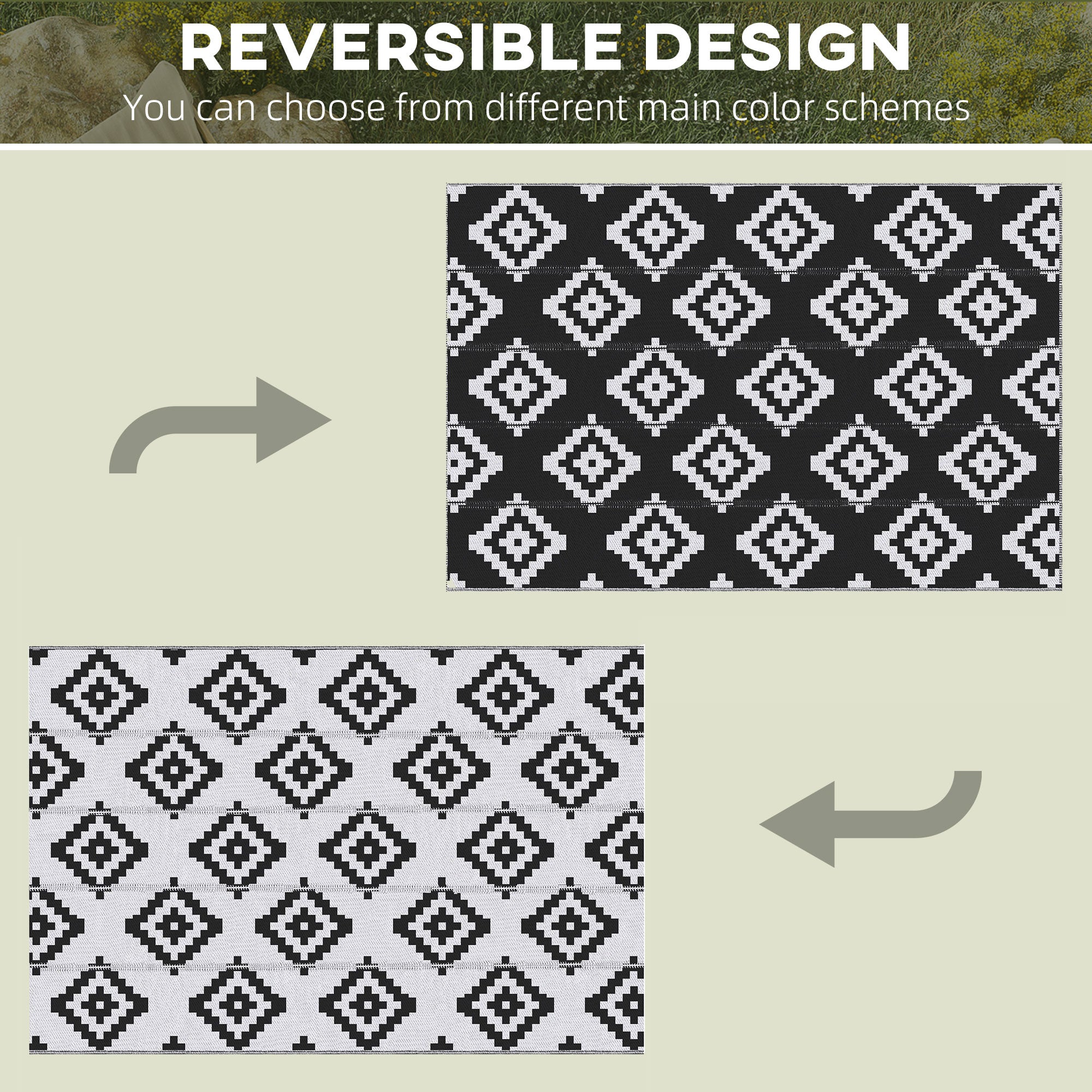 Reversible Outdoor RV Rug, Patio Floor Mat, 6' x 9' Plastic Straw Rug for Backyard, Deck, Beach, Camping, Black &; White Garden Decor at Gallery Canada