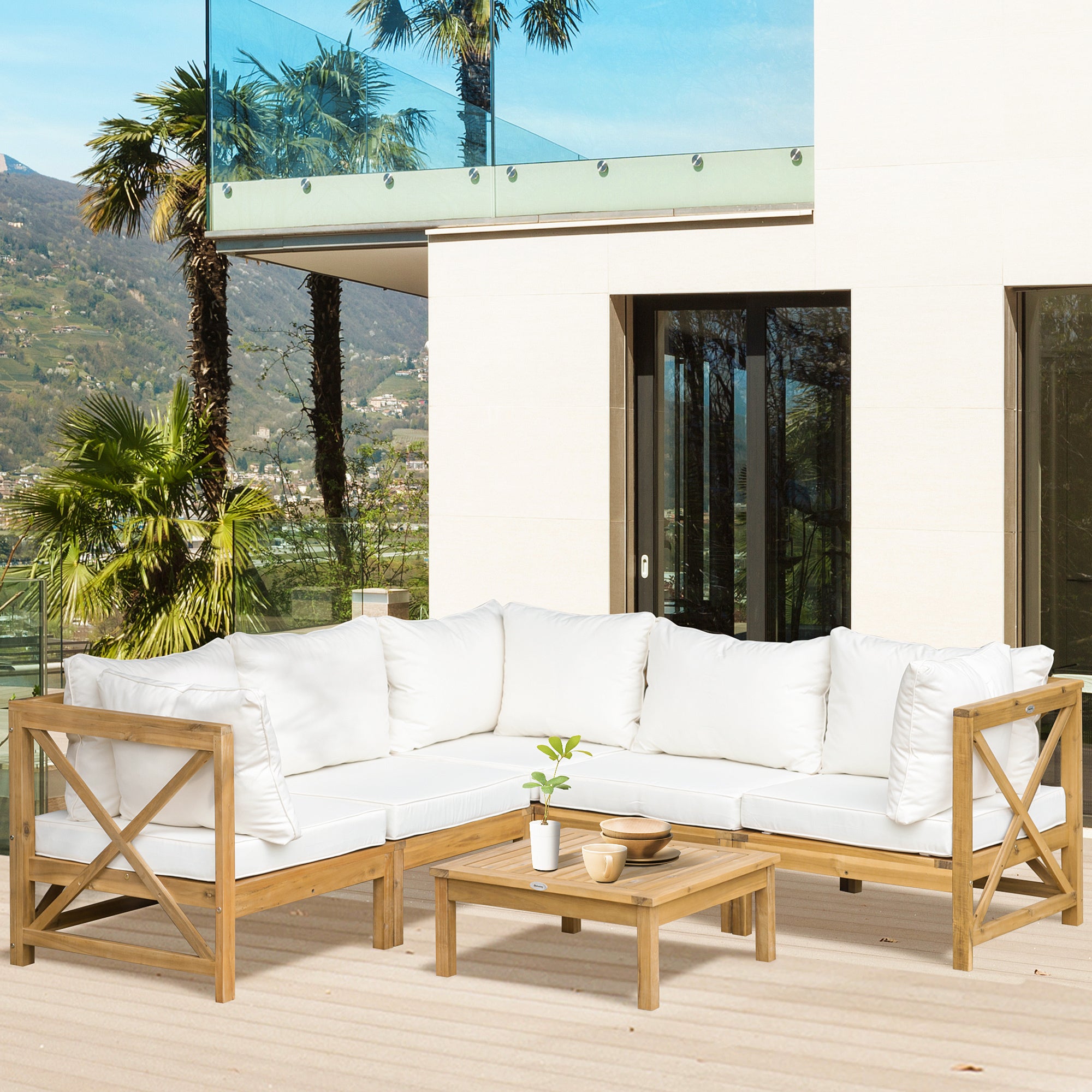 6-Piece Wooden Patio Sofa Sectional Set with 5 Sofas, 1 Coffee Table, 5 Cushions &; 8 Pillows, Cream White Patio Furniture Sets at Gallery Canada