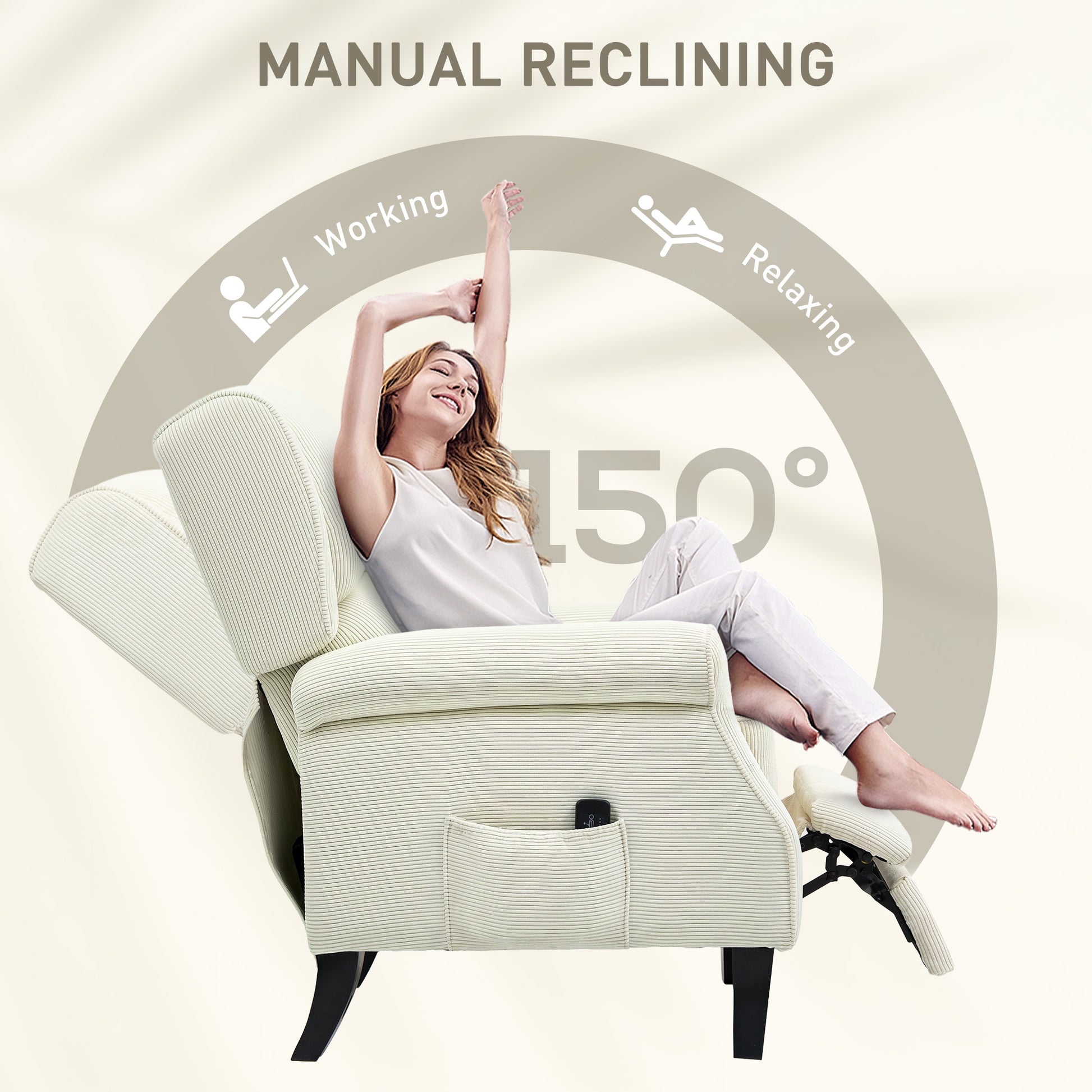 Push Back Recliner Chair, Vibration Massage Recliner for Living Room with Extendable Footrest, Remote, Pocket, Cream Sofas & Reclining Chairs at Gallery Canada