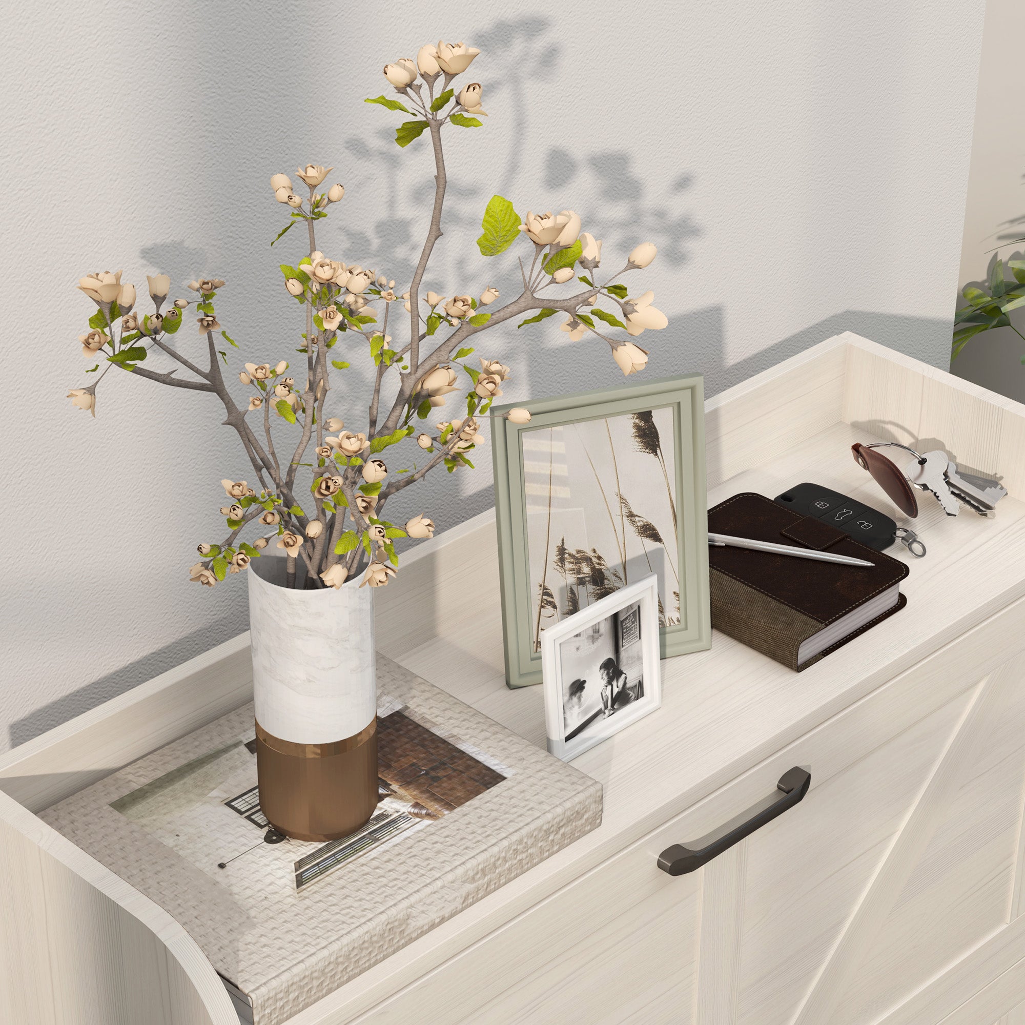 Narrow Shoe Storage Cabinet, Farmhouse Slim Shoe Cabinet with 2 Flip Drawers, Adjustable Shelves, White Oak Shoe Storage Cabinets & Racks at Gallery Canada