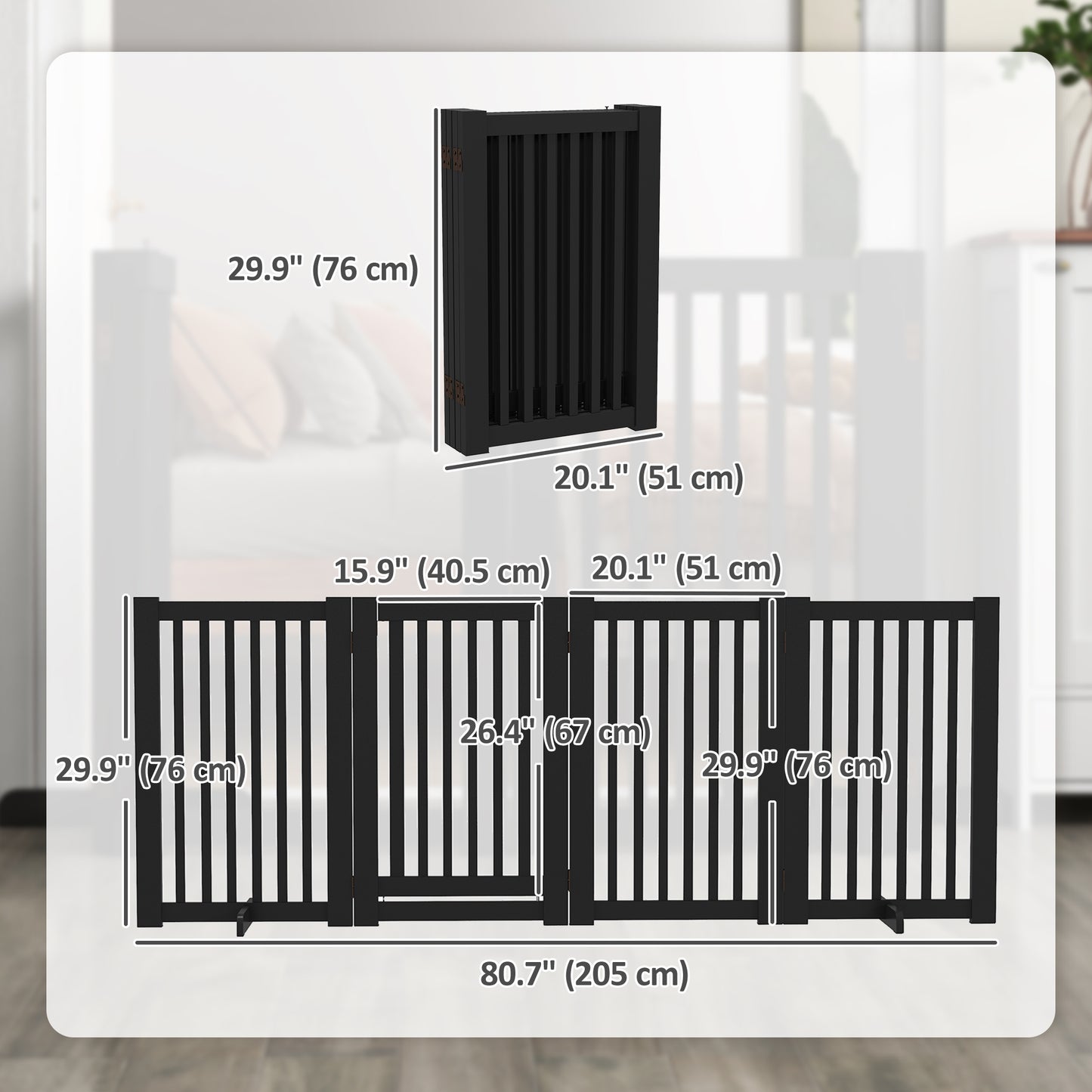 4 Panel Free Standing Wooden Pet Gate with Open Door Black Houses, Kennels & Pens   at Gallery Canada