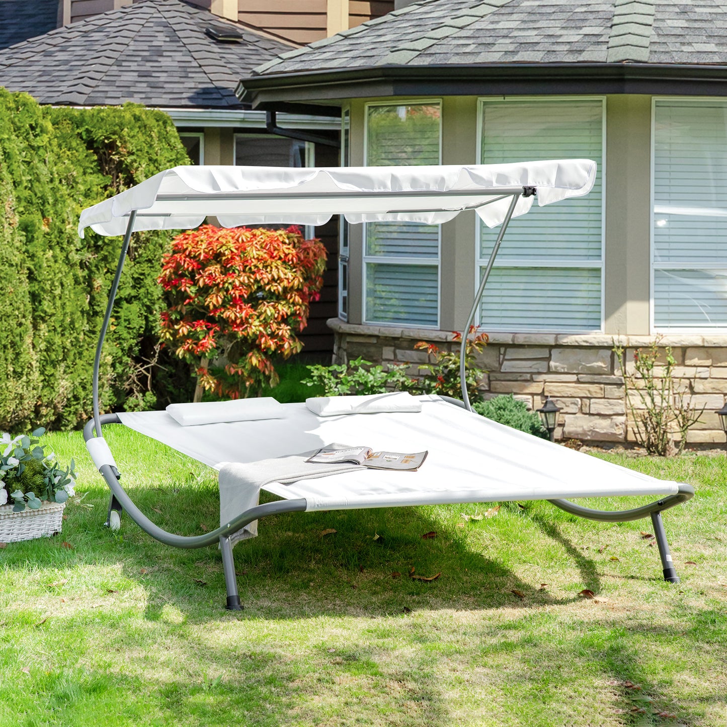 Patio Double Chaise, Outdoor Lounge Bed with Canopy and Headrest Pillow, Portable Patio Sunbed Hammock Lounger, Cream White Lounger Chairs   at Gallery Canada