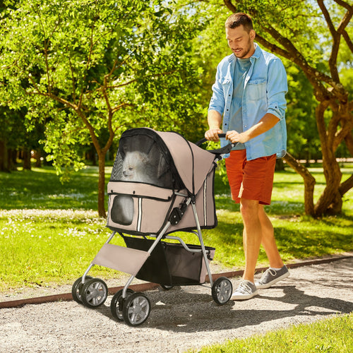4 Wheel Dog Pet Stroller Dog Cat Carrier Folding Sunshade Canopy with Brake, Brown