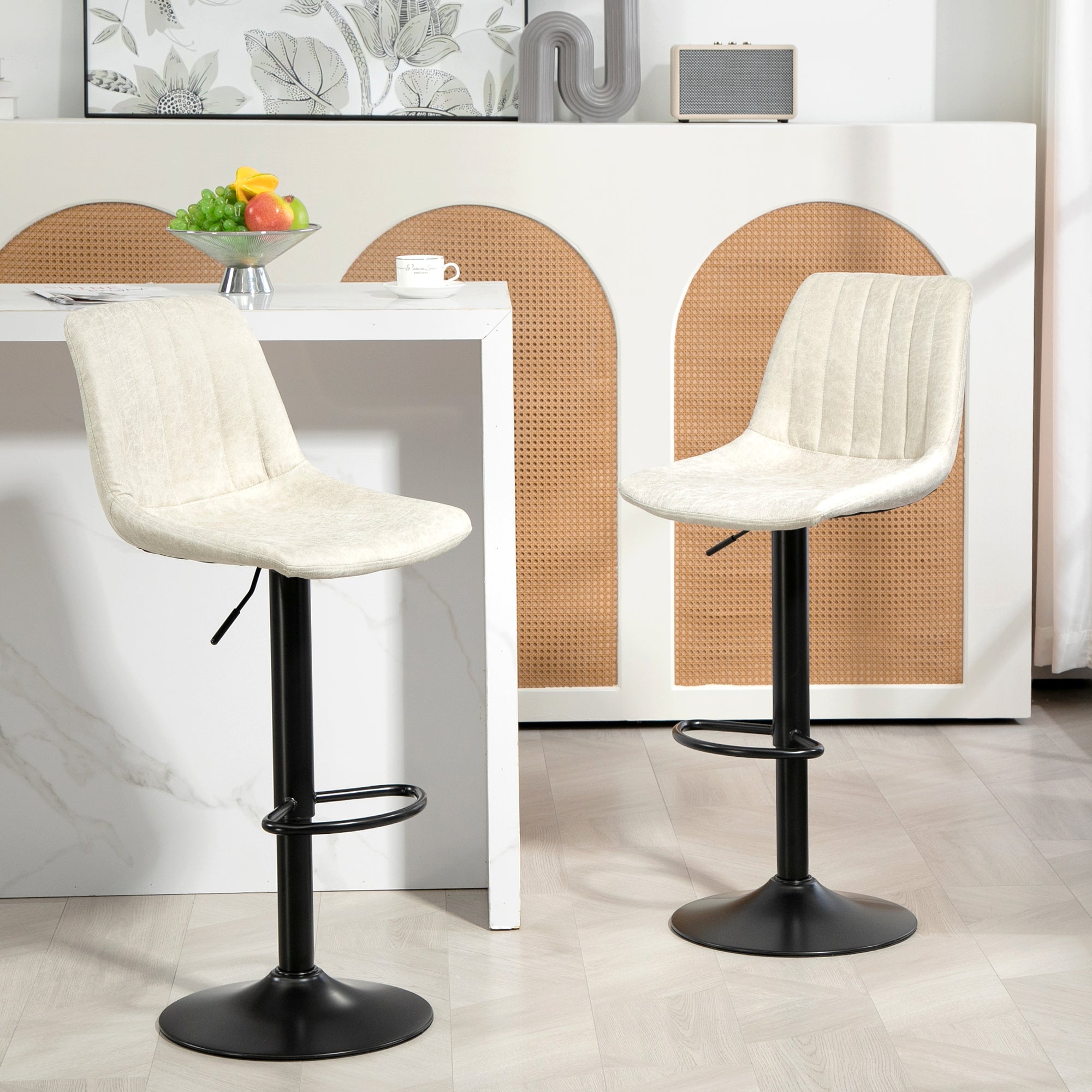 Counter Height Bar Stools Set of 2, Adjustable Height Bar Chairs with Swivel Seat, Leathaire Upholstery Bar Stools Cream  at Gallery Canada