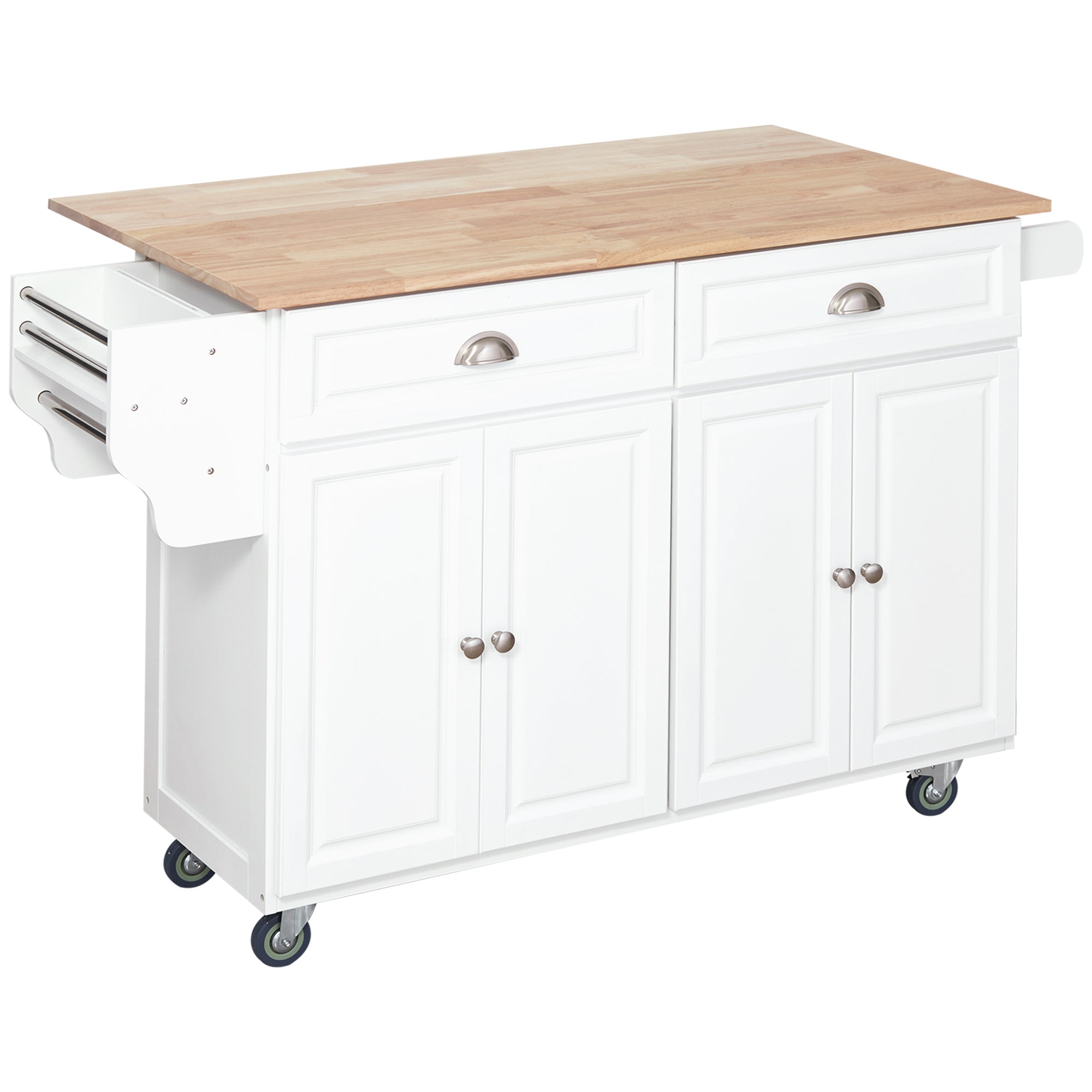 Kitchen Island with Storage, Rolling Kitchen Island with Drop Leaf, Rubber Wood Top and Adjustable Shelves, White Kitchen Islands & Kitchen Carts White at Gallery Canada