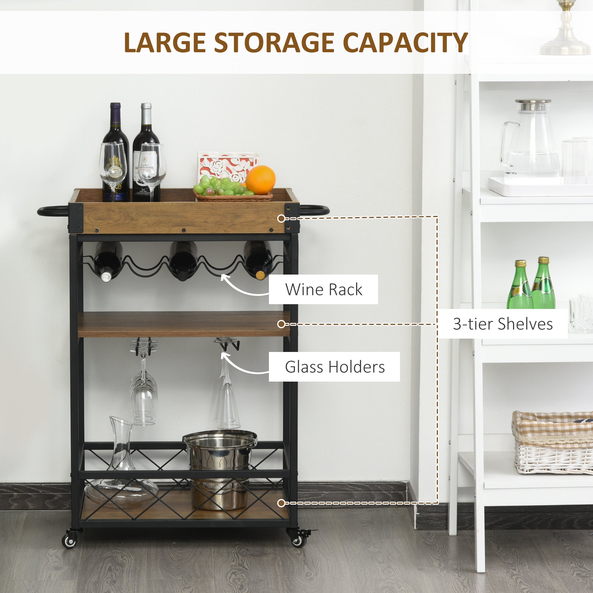 Retro Industrial Bar Serving Cart Rolling Kitchen Island Storage Utility Trolley with 5-bottle Wine Rack &; Serving Tray Kitchen Islands & Kitchen Carts   at Gallery Canada