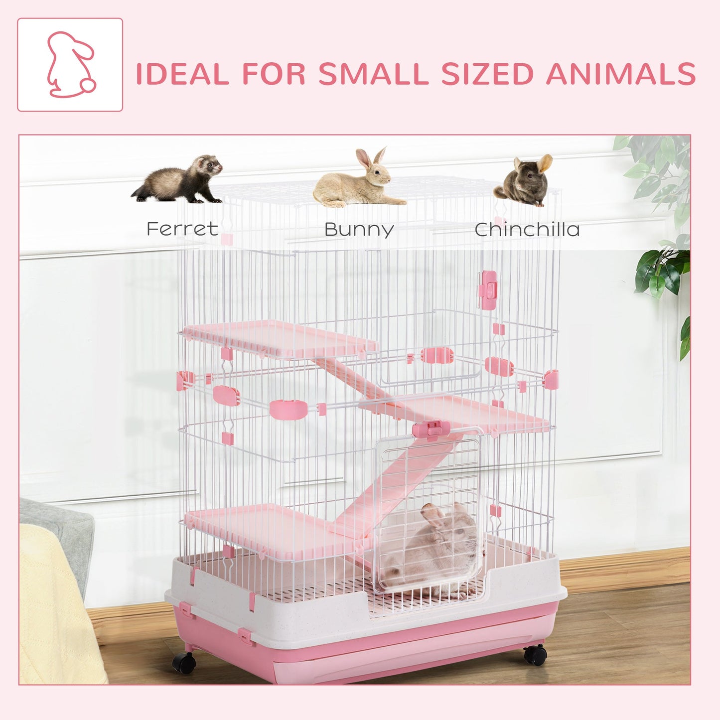 32"L 4-Level Small Animal Cage with Universal Lockable Wheels, Slide-out Tray for Bunny, Chinchillas, Ferret, Pink Houses & Habitats   at Gallery Canada