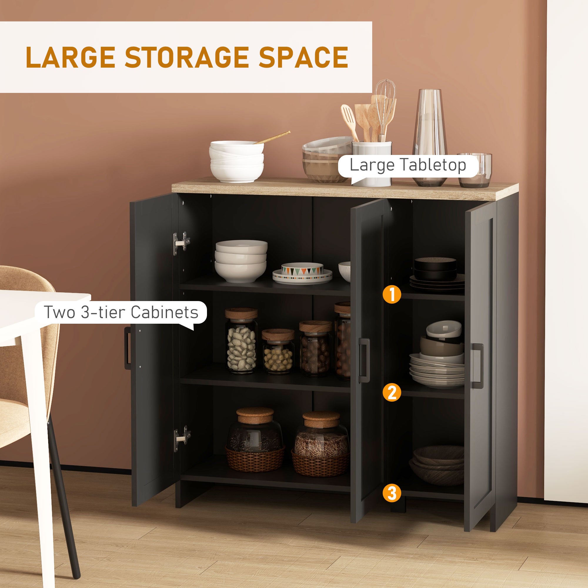 Modern Sideboard Buffet Cabinet, Modern Kitchen Storage Cabinet with 3 Doors Adjustable Shelves, for Dining Room, Black Kitchen Pantry Cabinets at Gallery Canada