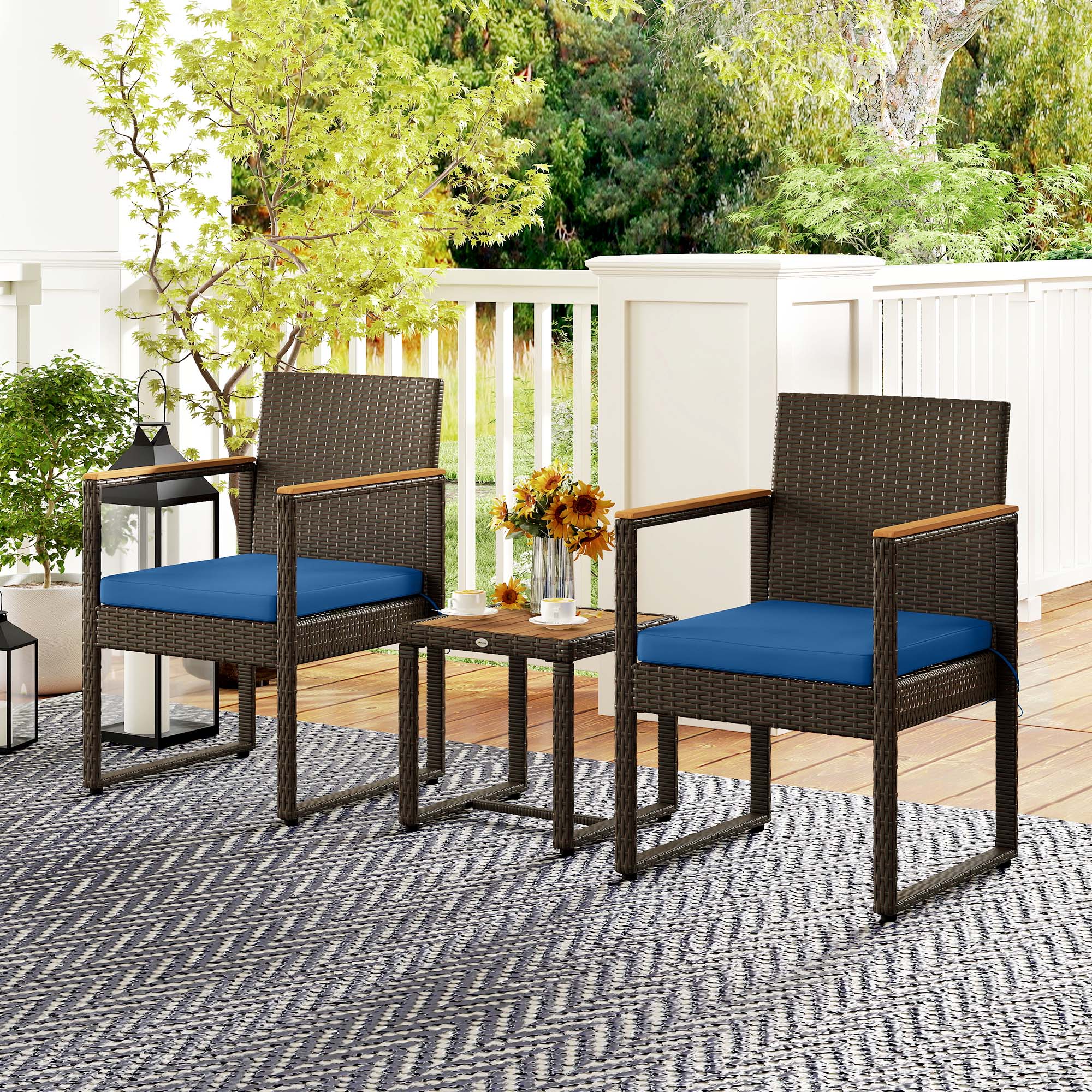 3 Pieces Wicker Patio Furniture Set, Rattan Bistro Set w/ Acacia Wood Table &; Removable Cushions, Dark Blue Bistro Sets at Gallery Canada