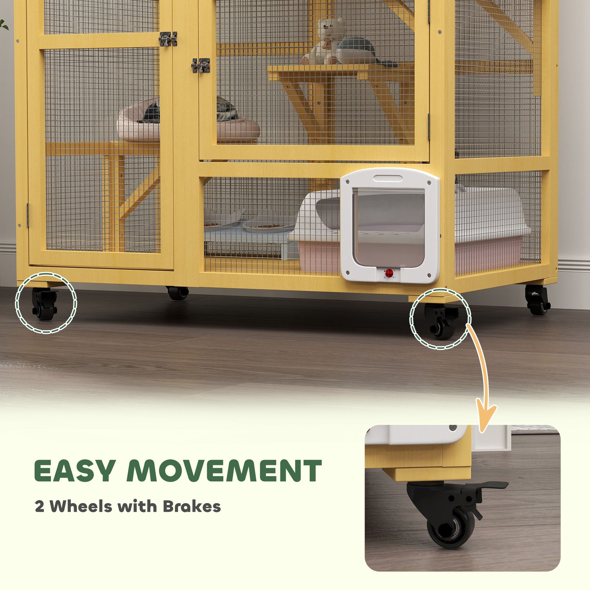 Cat Condo Wooden Indoor Cat House on Wheels with Cat Flap Door Platforms Hammock Openable Top for 2 Cats, Yellow Outdoor Cat Enclosures at Gallery Canada