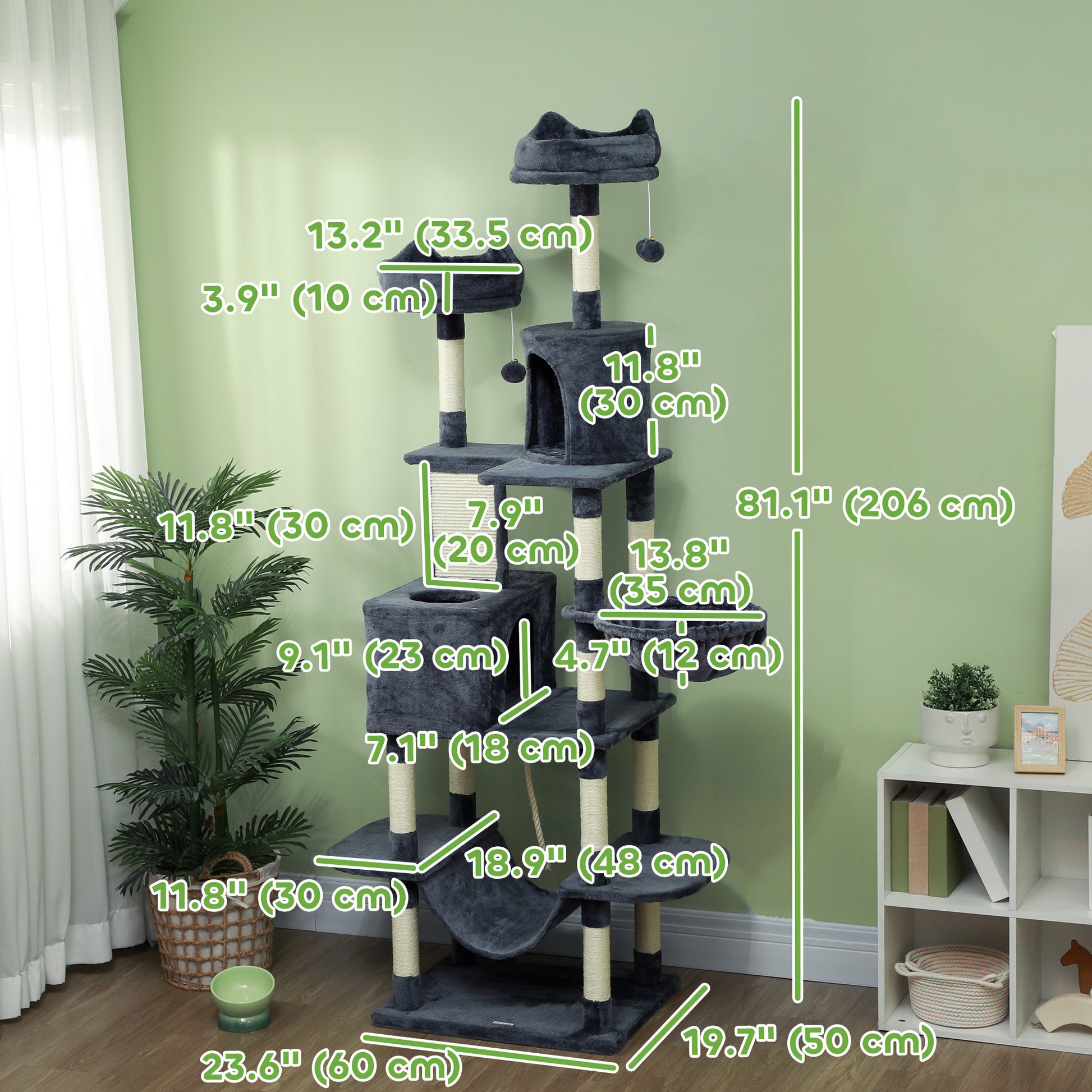 81" Large Cat Tree w/ Scratching Posts, Condos, Beds, Hammocks, Jumping Platforms, Toy Balls, Rope Cat Toy, Dark Grey Cat Towers   at Gallery Canada