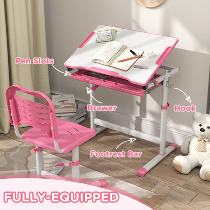 Height Adjustable Study Table and Chair Set with Drawer, Pen Slot, Tiltable Desktop, Hook, Pink Kids Desk Sets   at Gallery Canada