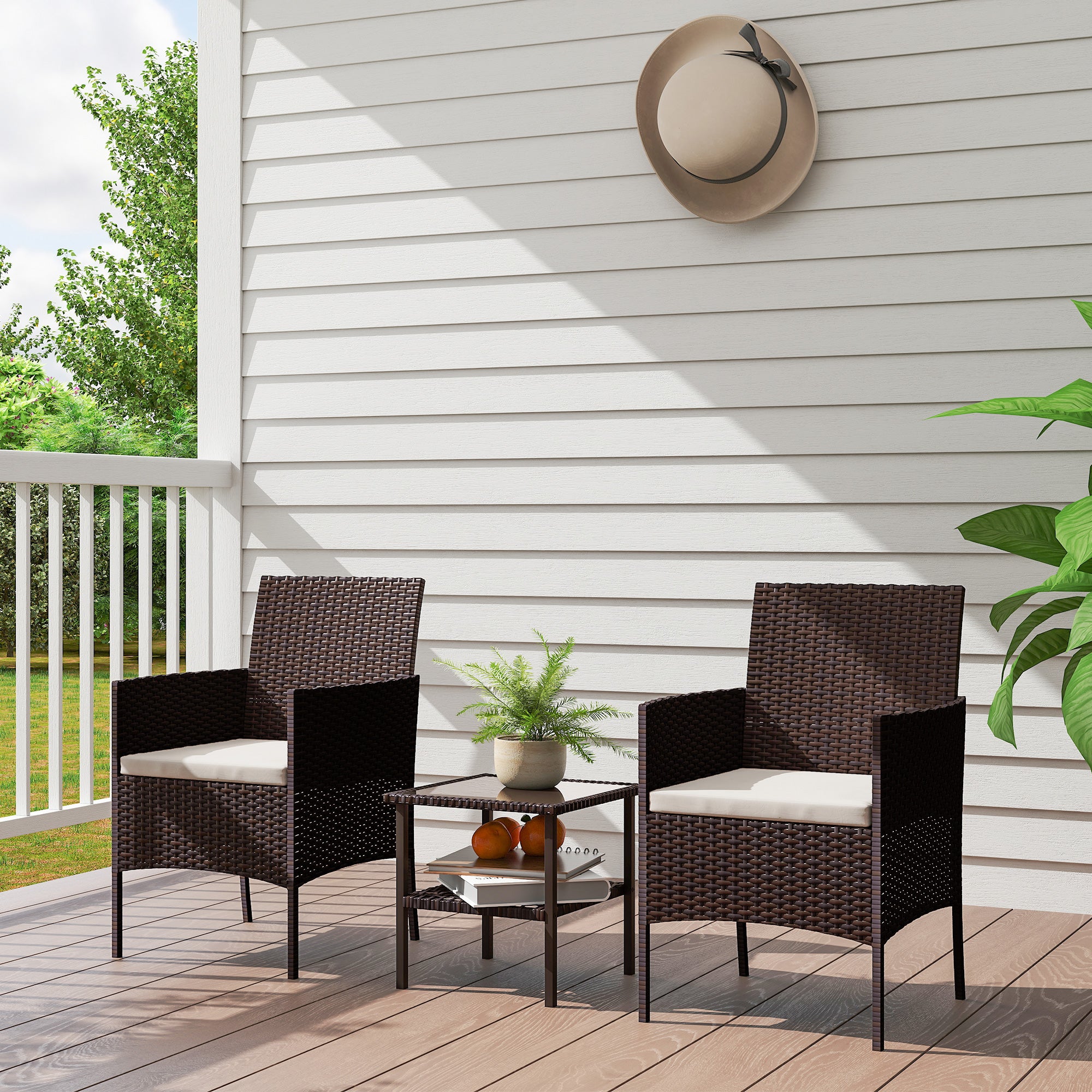 Wicker Bistro Set, 3 Piece Patio Furniture Set with 2-Tier Glass Top Table, Cushions for Balcony, Porch, Beige Bistro Sets at Gallery Canada