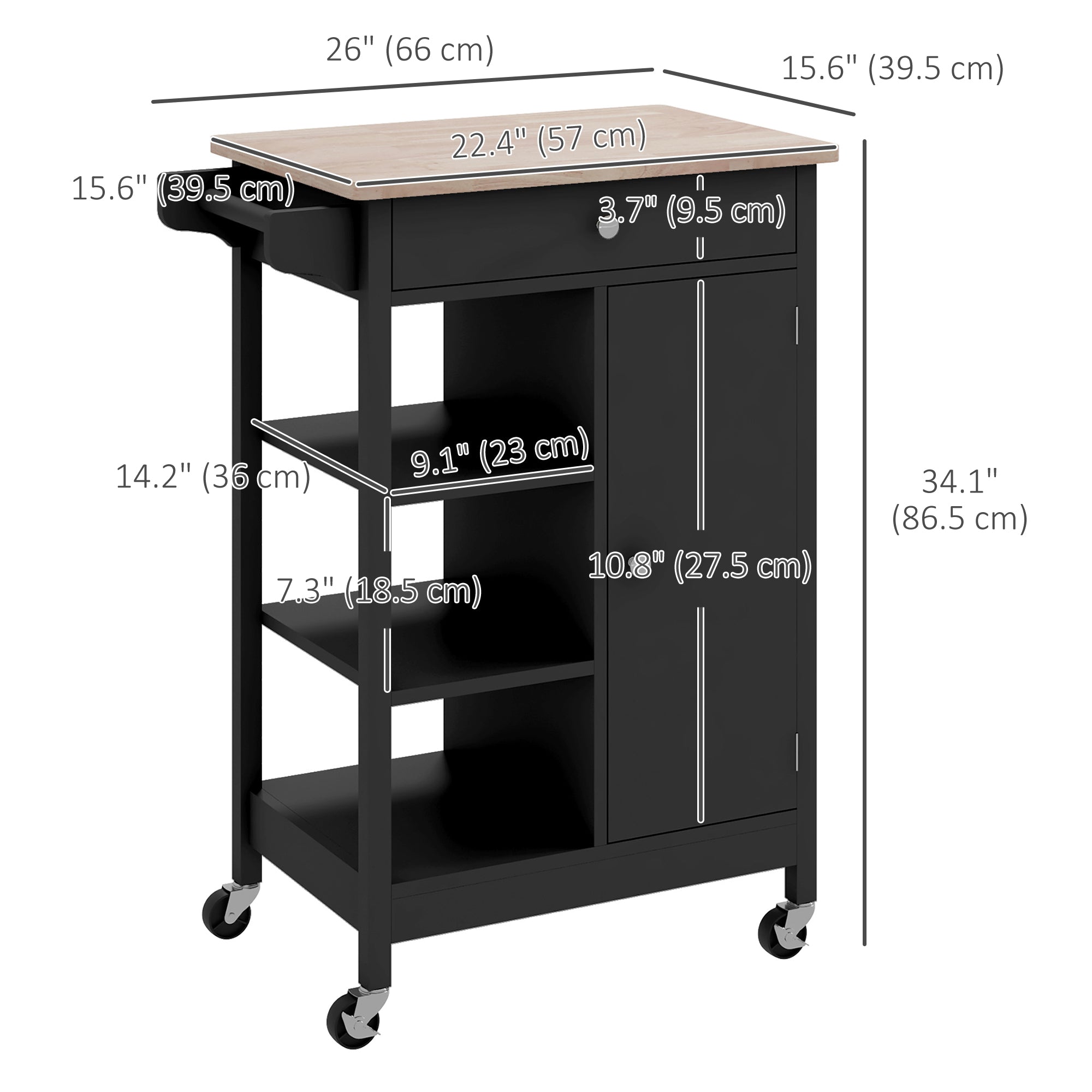 Modern Rolling Kitchen Island Cart with Drawer, Natural Wood Top, Towel Rack, Door Storage Cabinet, Black Kitchen Islands & Kitchen Carts   at Gallery Canada