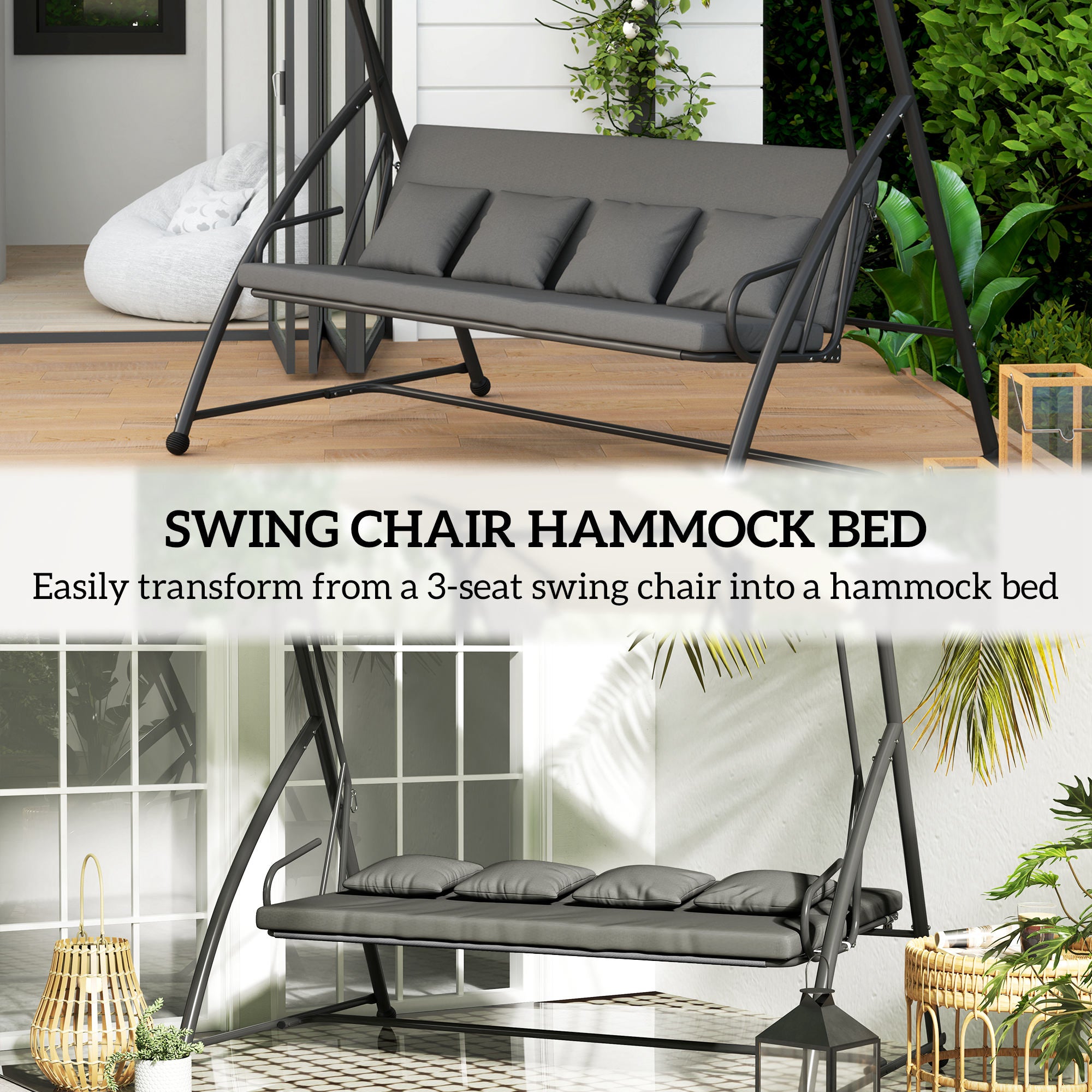 Patio Swing Chair, 3 Person Convertible Hammock, Outdoor Swing Lounge Bed, Cushioned with Tilt Canopy, Dark Grey Porch Swings with Canopy at Gallery Canada