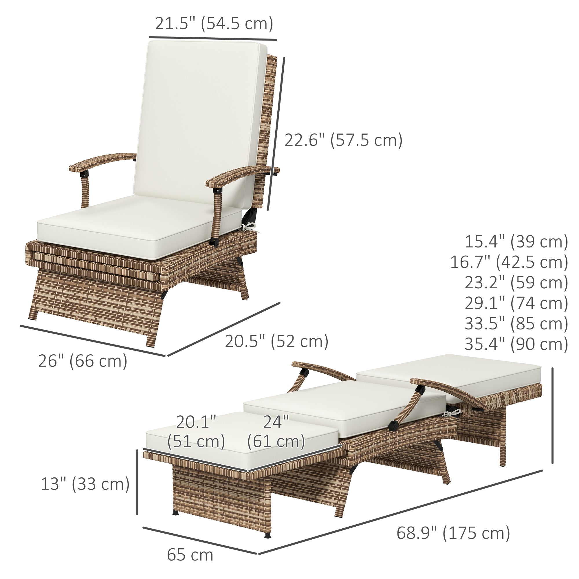 Outdoor Wicker Foldable Recliner Chair with Retractable Footrest, Cushion, White Chaise Loungers   at Gallery Canada