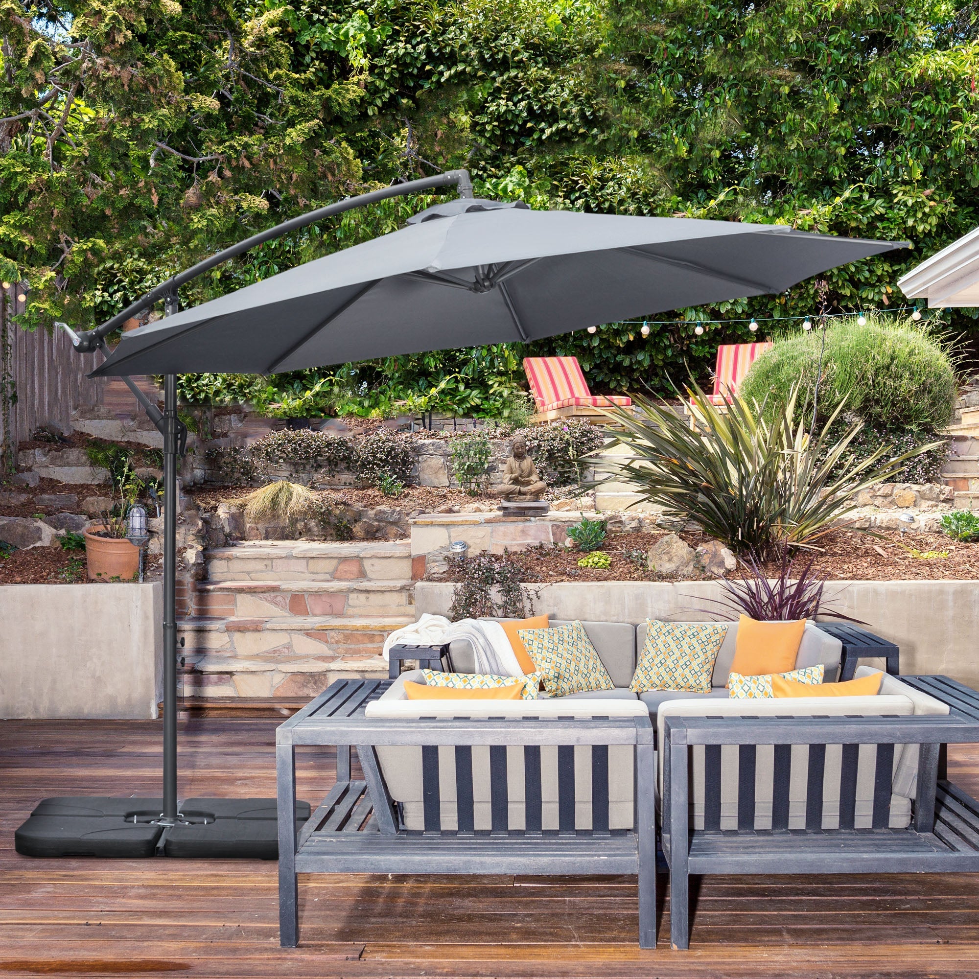 9.6ft Offset Patio Umbrella Garden Hanging Parasol Banana Cantilever Umbrella with Base, Crank, Dark Grey Cantilever Umbrellas   at Gallery Canada