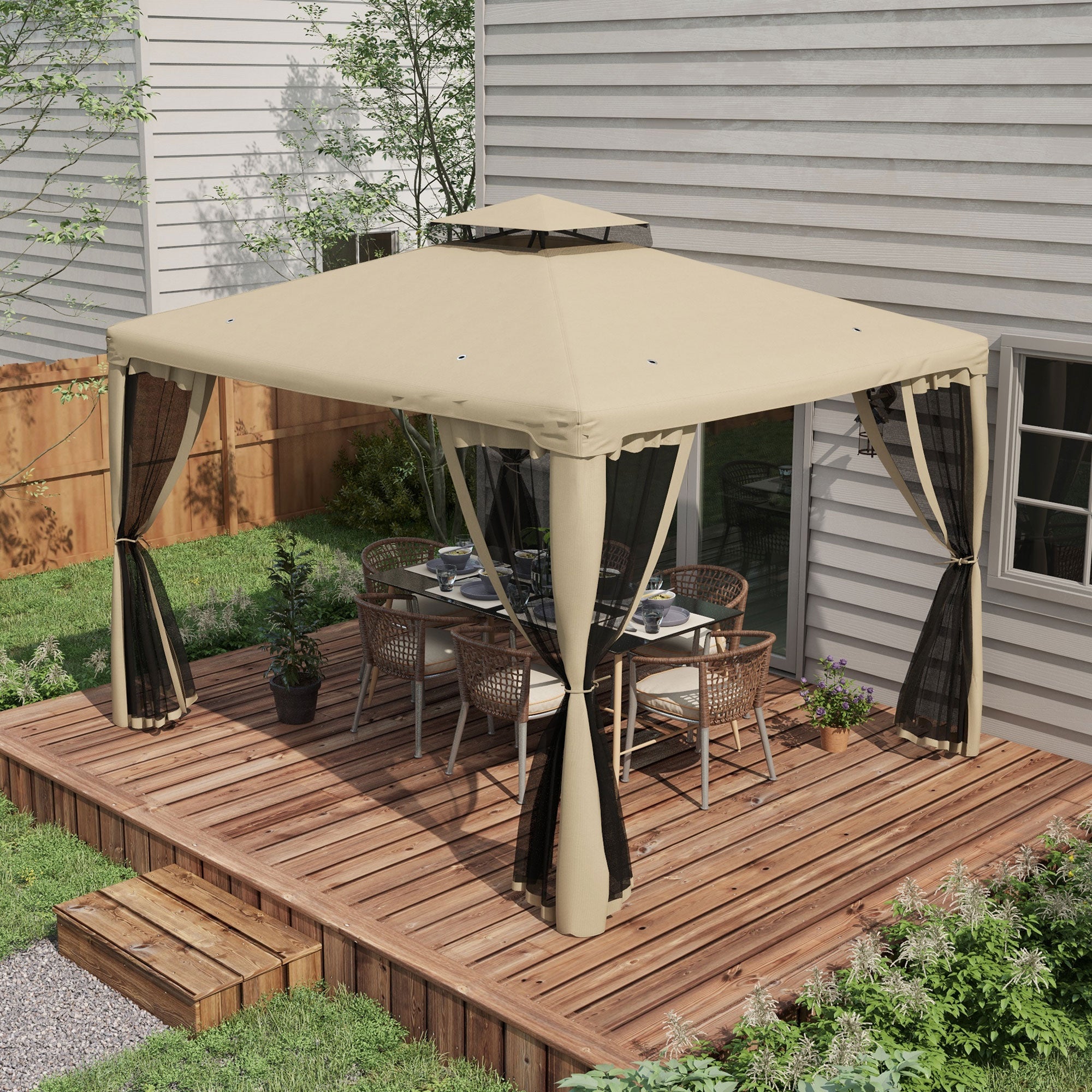 12' x 10' Patio Gazebo Outdoor Pavilion 2 Tire Roof Canopy Shelter Garden, Steel Frame w/ Mosquito Netting, Taupe Gazebos at Gallery Canada