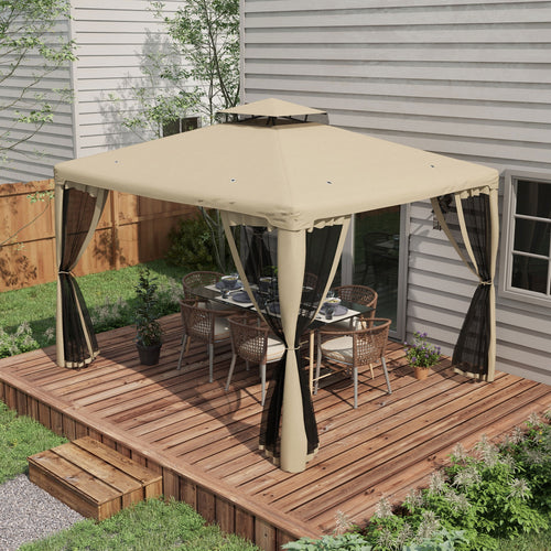 12' x 10' Patio Gazebo Outdoor Pavilion 2 Tire Roof Canopy Shelter Garden, Steel Frame w/ Mosquito Netting, Taupe