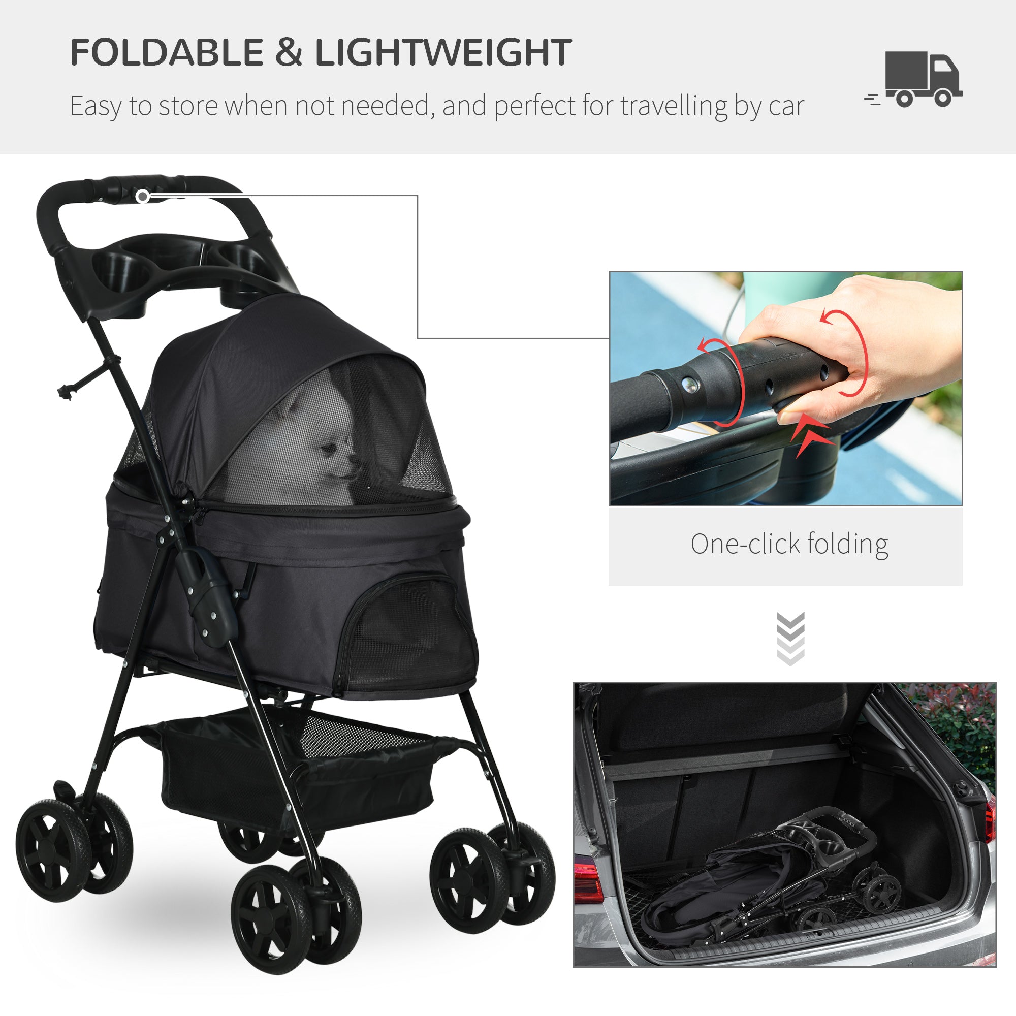 Dog Stroller Foldable Design with Storage Basket, Adjustable Canopy, Cup Holder, Safety Leashes, for Mini Dogs, Black Dog Bike Trailers & Strollers   at Gallery Canada