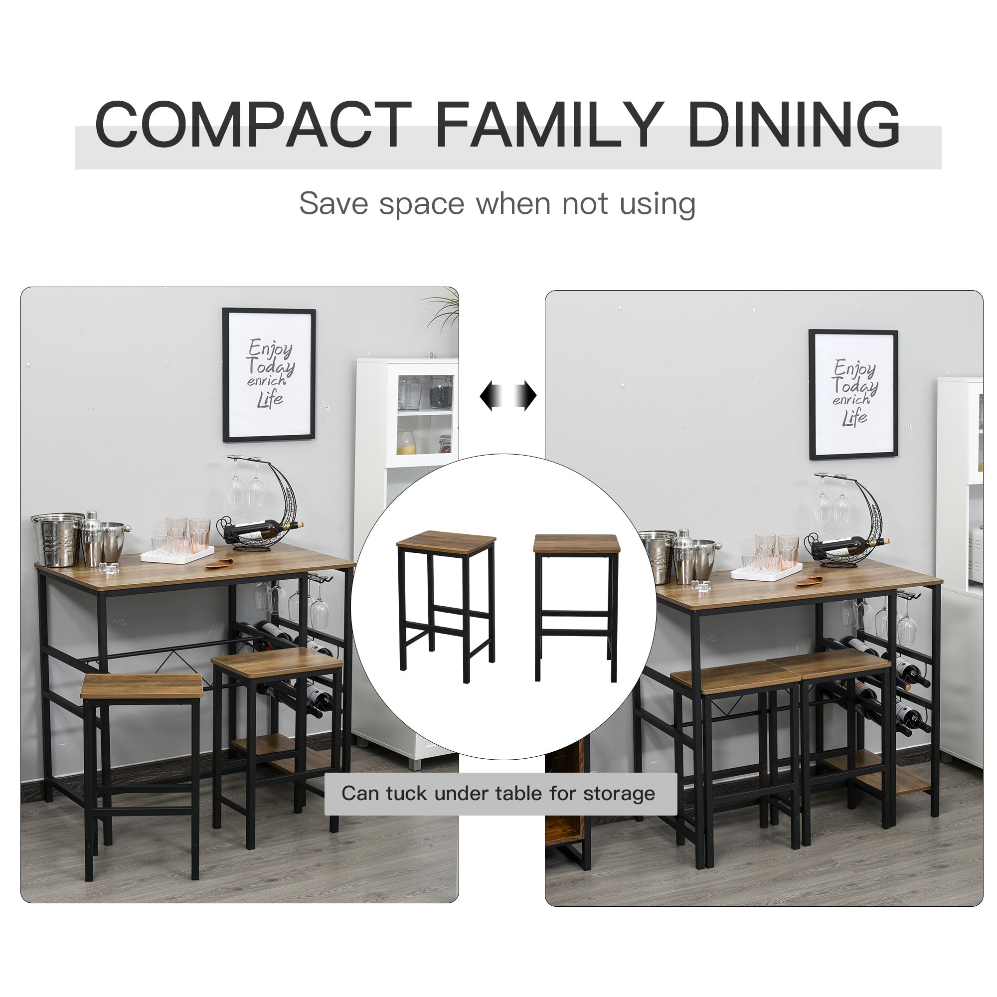 3 Pieces Bar Table Set, Counter Height Table with 8-bottle Wine Rack and Cup Holder, 2 Stools with Metal Frame for Kitchen, Dining Room, Living Room, Pub Bar Sets at Gallery Canada