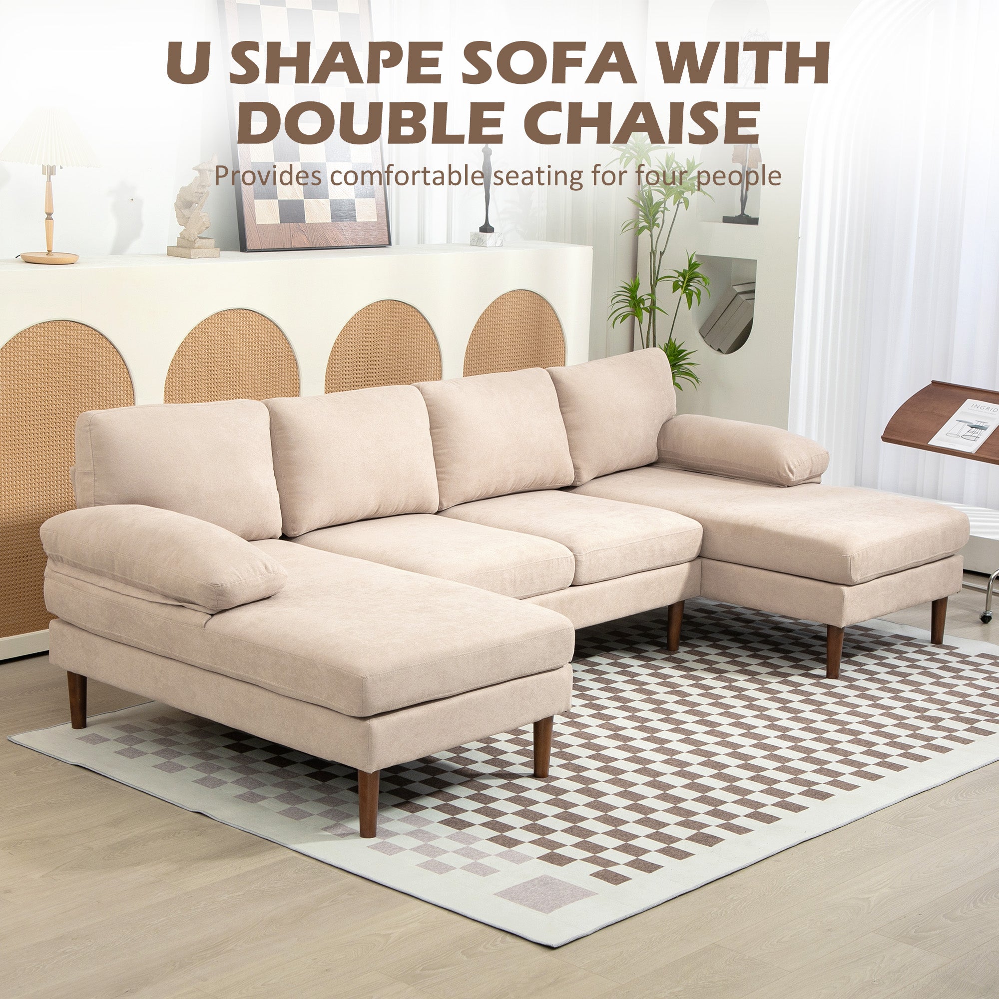 U Shape Couch with Double Chaise Lounge, Modern 4 Seater Sofa with Wooden Legs, Fabric Sofa for Living Room, Beige Sofas & Reclining Chairs at Gallery Canada