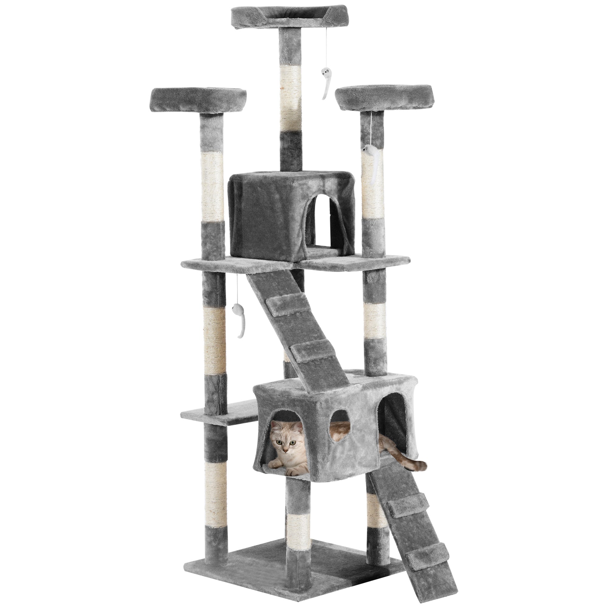 67-inch Multi-Level Cat Scratching Tree Kitty Activity Center Post Tower Condo Pet Furniture w/ Toy Grey Cat Towers Grey  at Gallery Canada