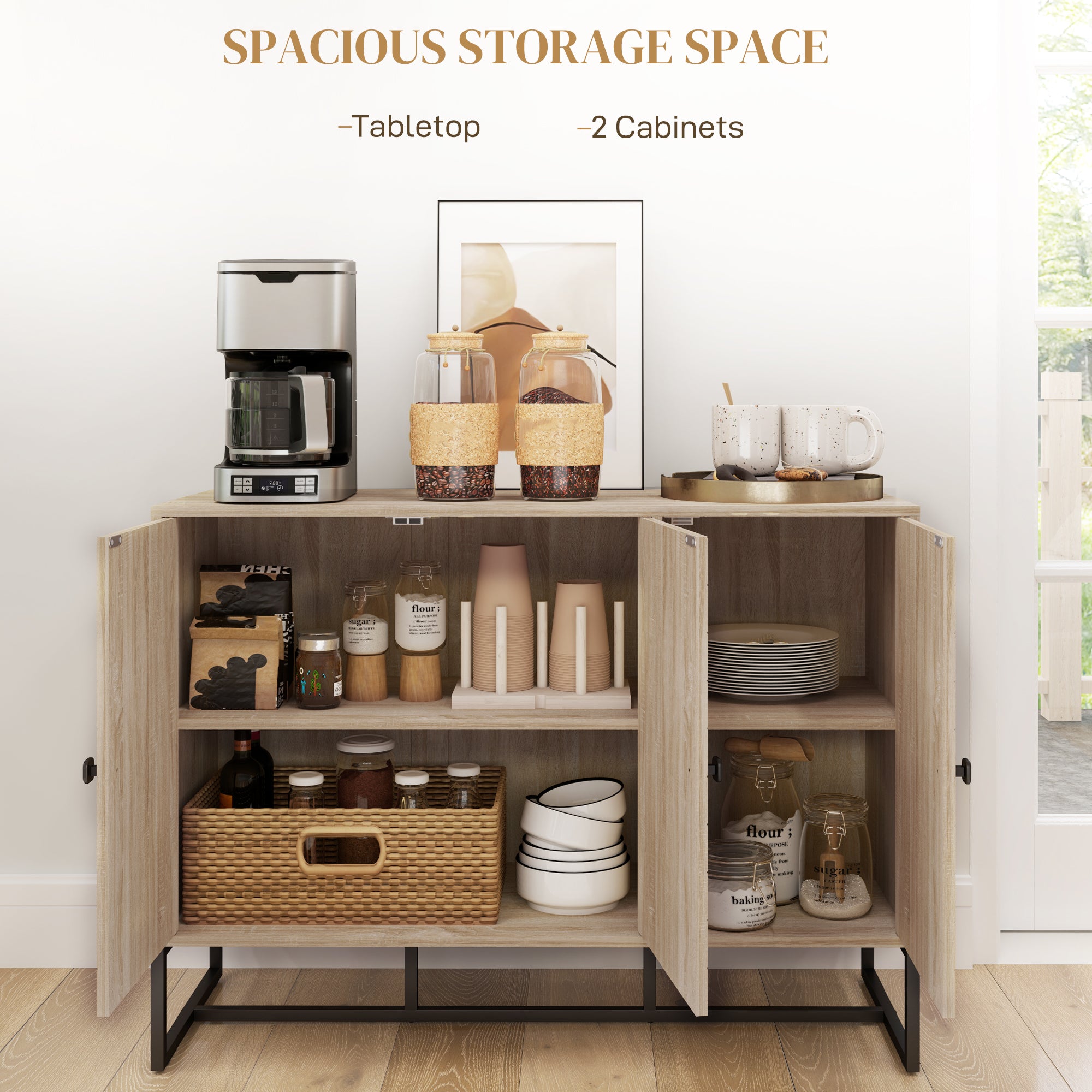 Modern Sideboard, Buffet Cabinet with Adjustable Shelves, 3 Chevron Doors for Living Room, Hallway, Oak Wood Grain Storage Cabinets at Gallery Canada