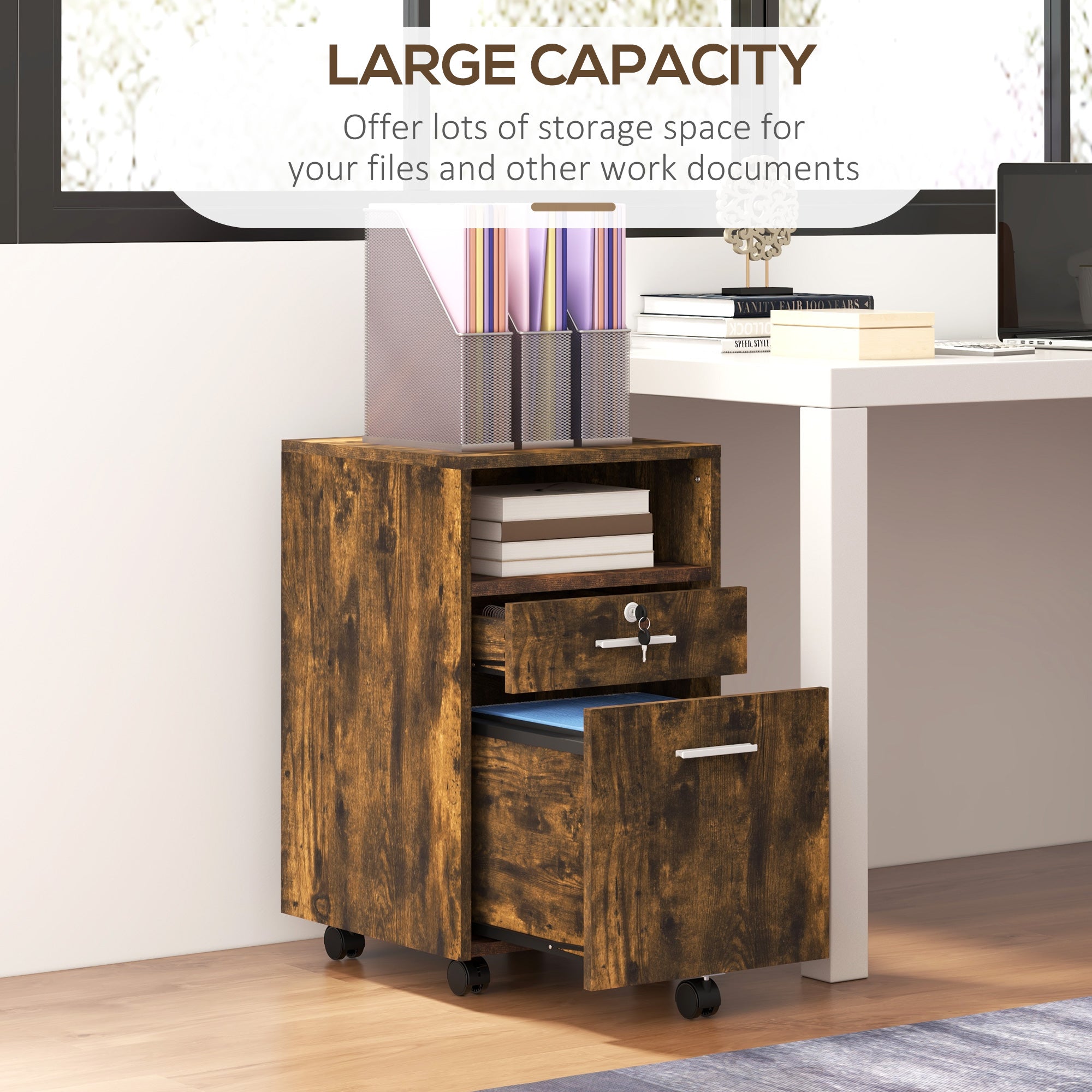 Small Filing Cabinet with 2 Drawers, Lockable Home Office Storage Cabinets on Wheels for A4, Letter Size, Rustic Brown Office Cabinets & Cupboards at Gallery Canada