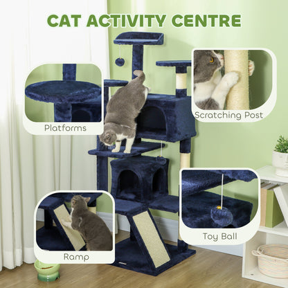 54" Cat Tree, Multi-Level Cat Tower with Scratching Posts, Cat Condos, Bed, Platforms, Ramp, Toy Ball, Dark Blue Cat Towers   at Gallery Canada