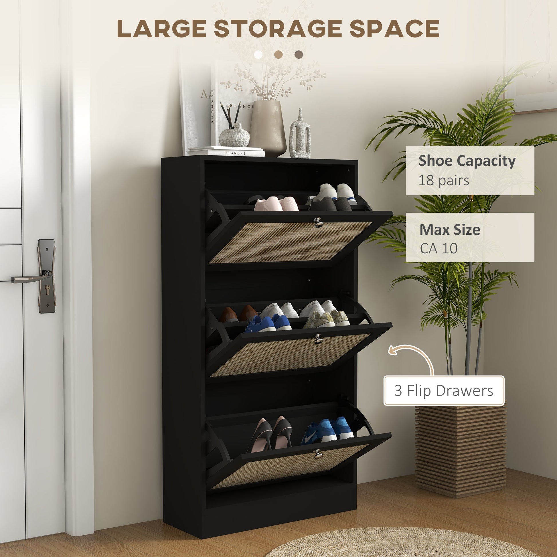 Rattan Shoe Cabinet with 3 Flip Drawers and Adjustable Shelves, Shoe Storage Cabinet for 18 Pairs of Shoes for Entryway, Hallway, Black Shoe Storage Cabinets & Racks   at Gallery Canada