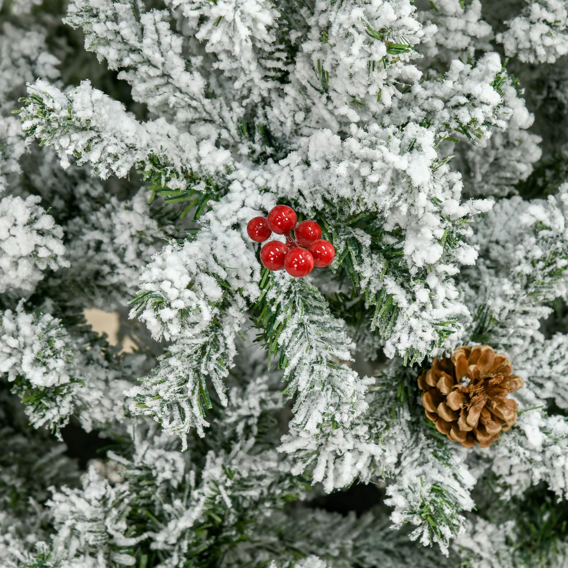 9-foot Pencil Snow Flocked Artificial Christmas Tree with 1350 Pine Realistic Branches, Pine Cones, Red Berries, Auto Open, Green Pencil Christmas Trees   at Gallery Canada