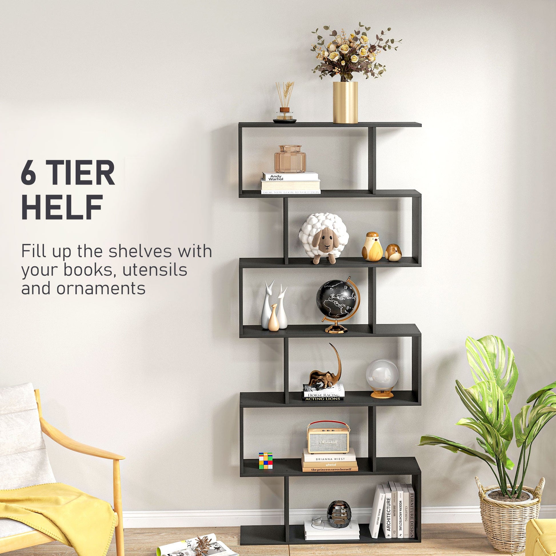 76" 6-Tier Wooden Bookcase S Shaped Storage Display Shelf Modern Bookshelf Open Concept Living Room Home Office Furniture, Black - Gallery Canada