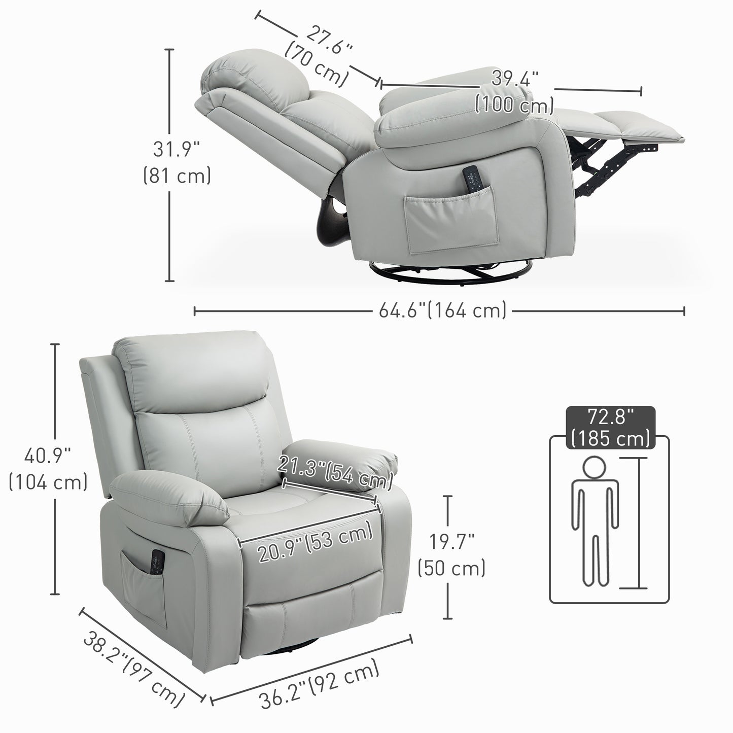 PU Leather Reclining Chair with Vibration Massage Rocker, Swivel Base, Rocking Function, Remote Control, Light Grey Sofas & Reclining Chairs at Gallery Canada